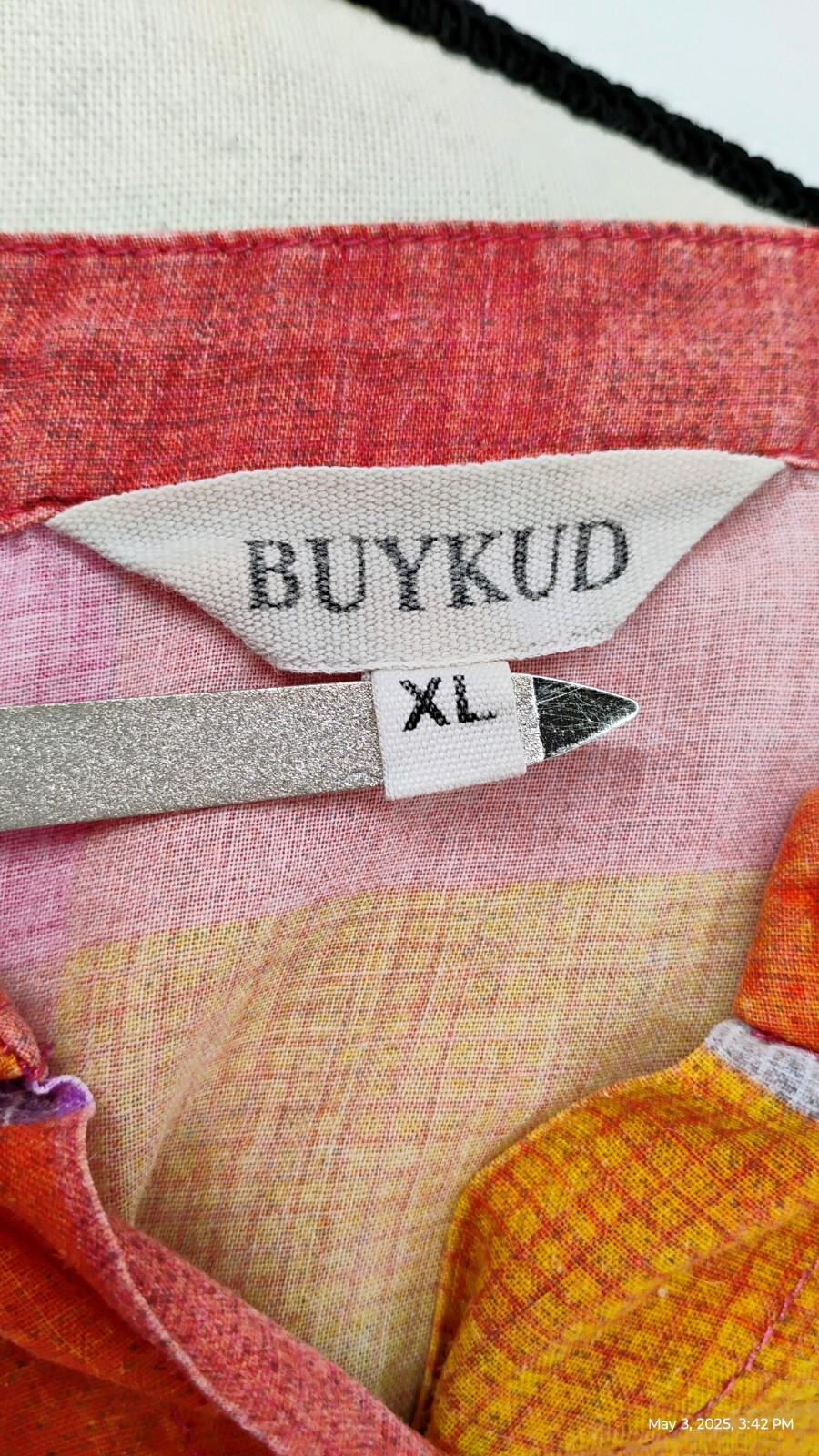 Buykud Irregular Plaid 100% Ramie Button Blouse Shirt Colorful Long Sleeve XL