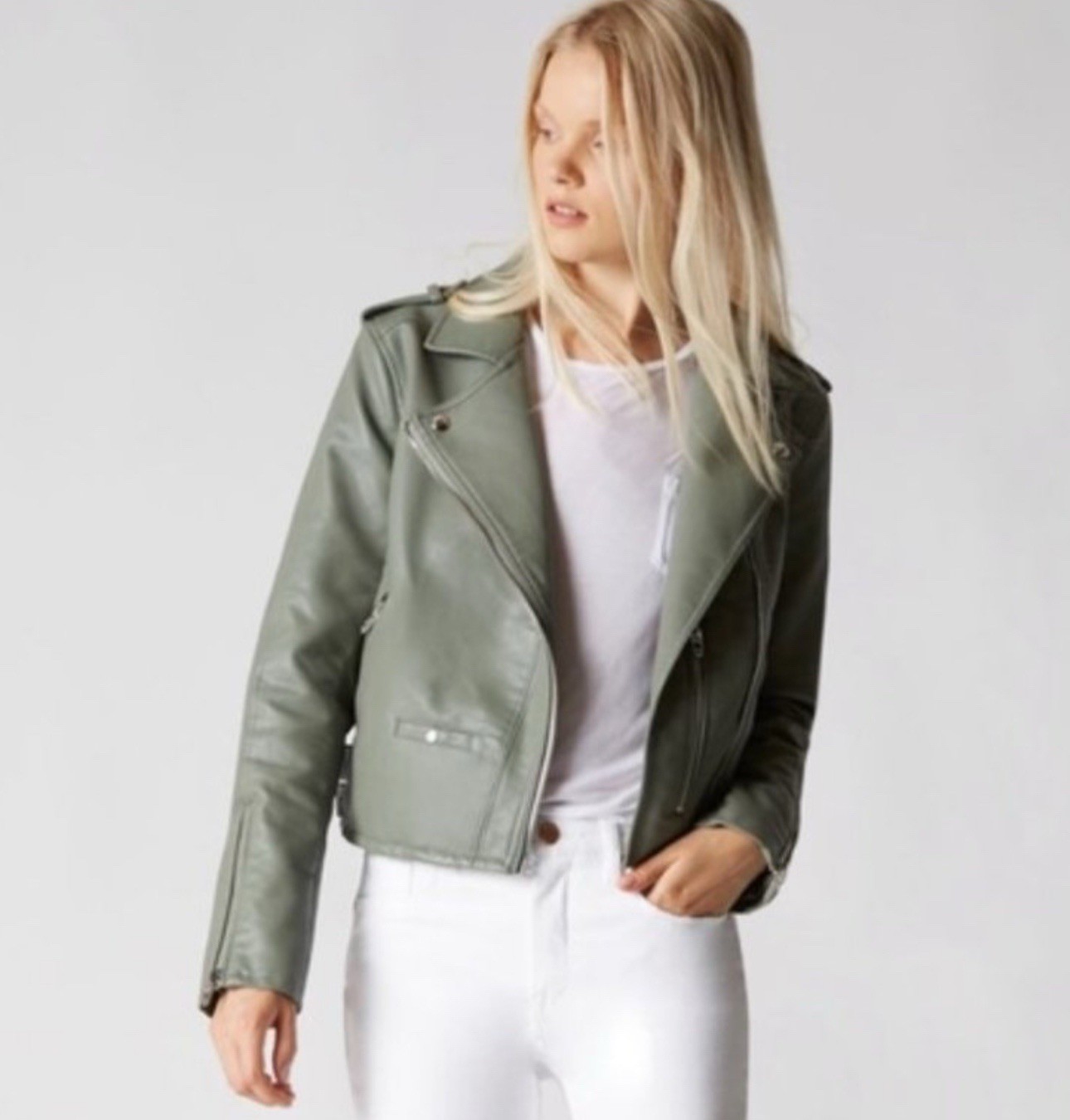 BLANKNYC Green Biker Moto Jacket Womens S Full Zip Short Long Sleeve Solid