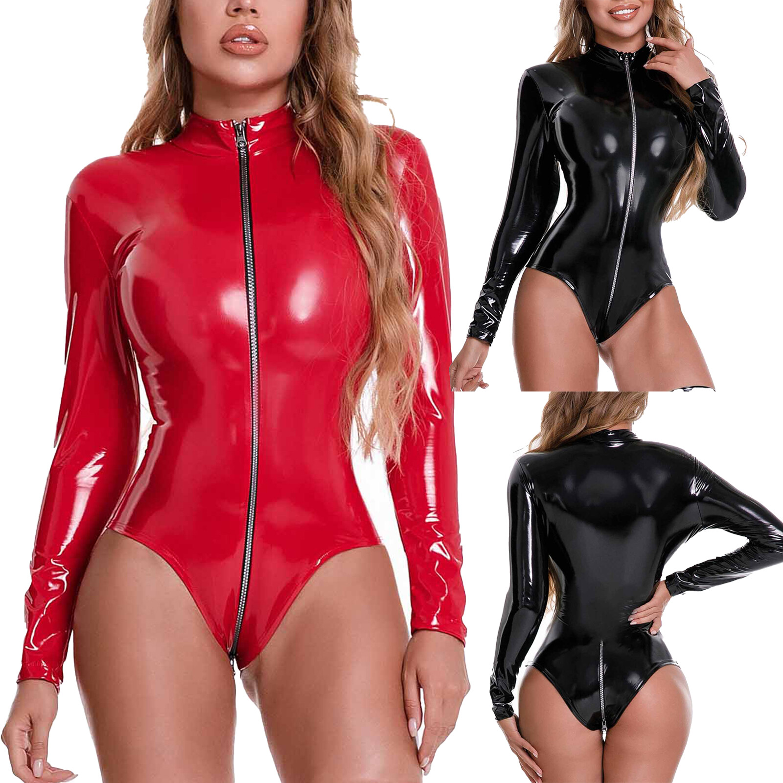 Women Faux Leather Bodysuit Wet Look Shiny Jumpsuit Cosplay Outfit Sexy Clubwear
