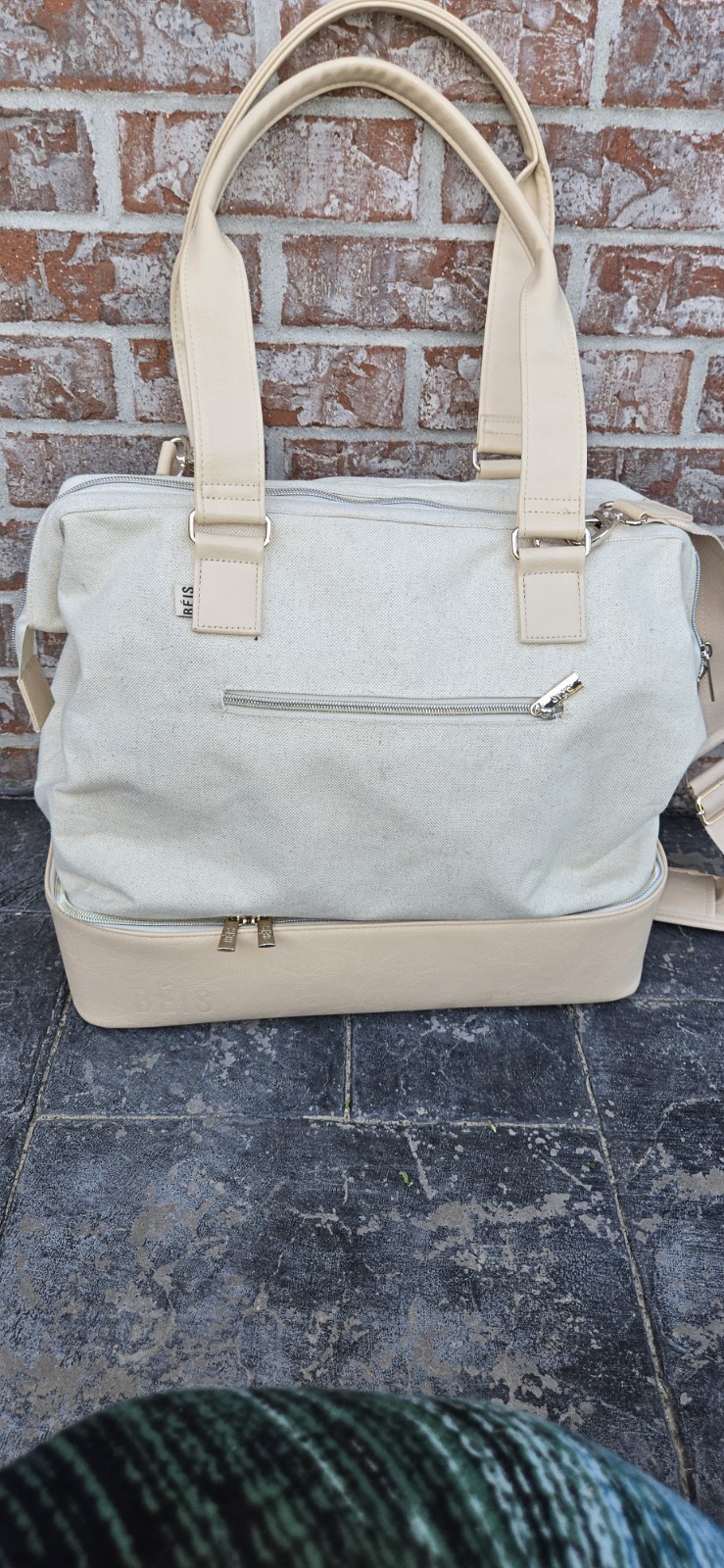 Beis The Weekender Bag in Beige-Canvas Leather Handles Carry On Duffle Bag READ!