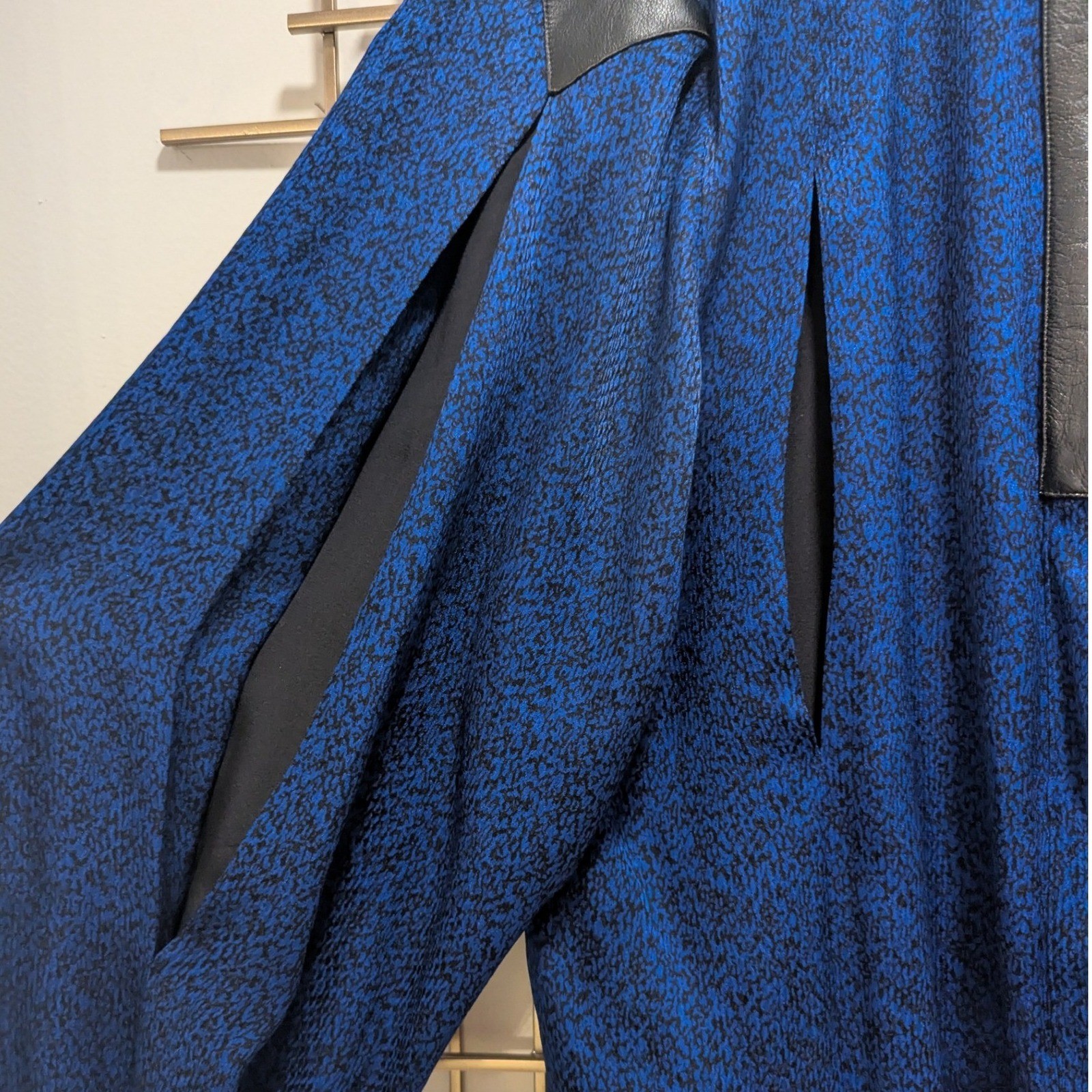 VTG 80’s Designer Silk Leather Trim Blouse & Skirt 2 Pc Set Black Cobalt Sz 10