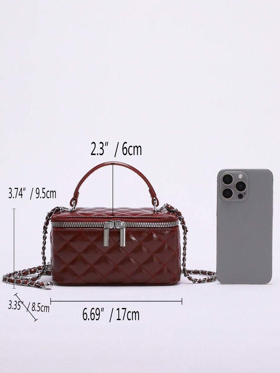 Mini Quilted Box Bag Rhinestone Embroidery Zipper Handbag Chain Strap Purse