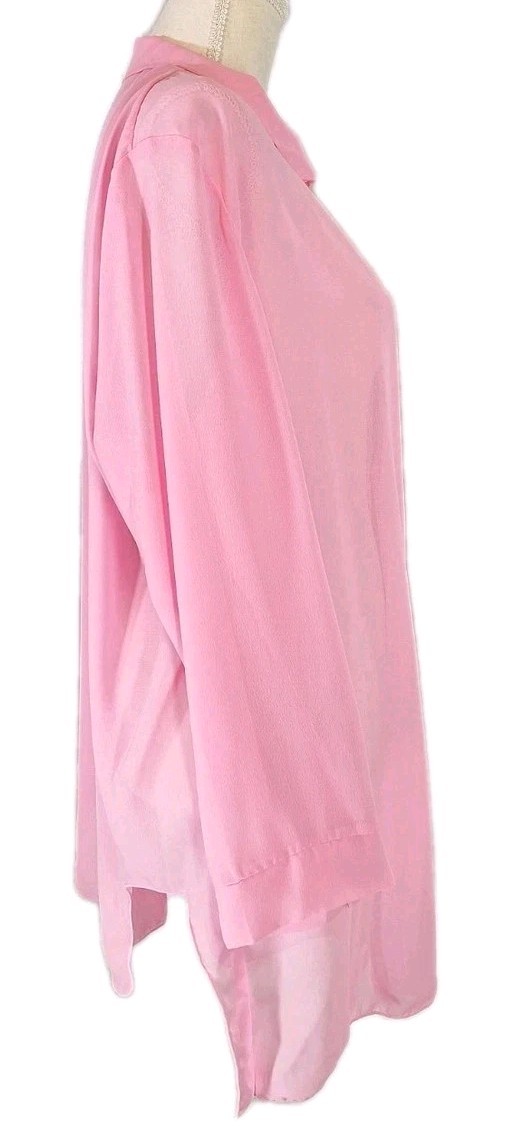 Sheer Transparent Chiffon Cover-Up Blouse Collared Button Front Shirt SzL Pink
