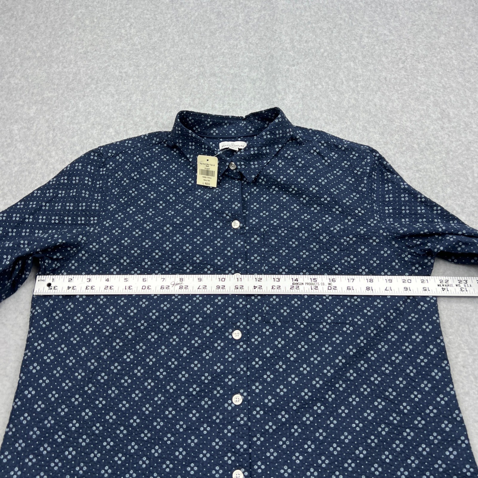NEW LL Bean Signature Top Women’s Large Navy Dot Long Sleeve Woven Button Up