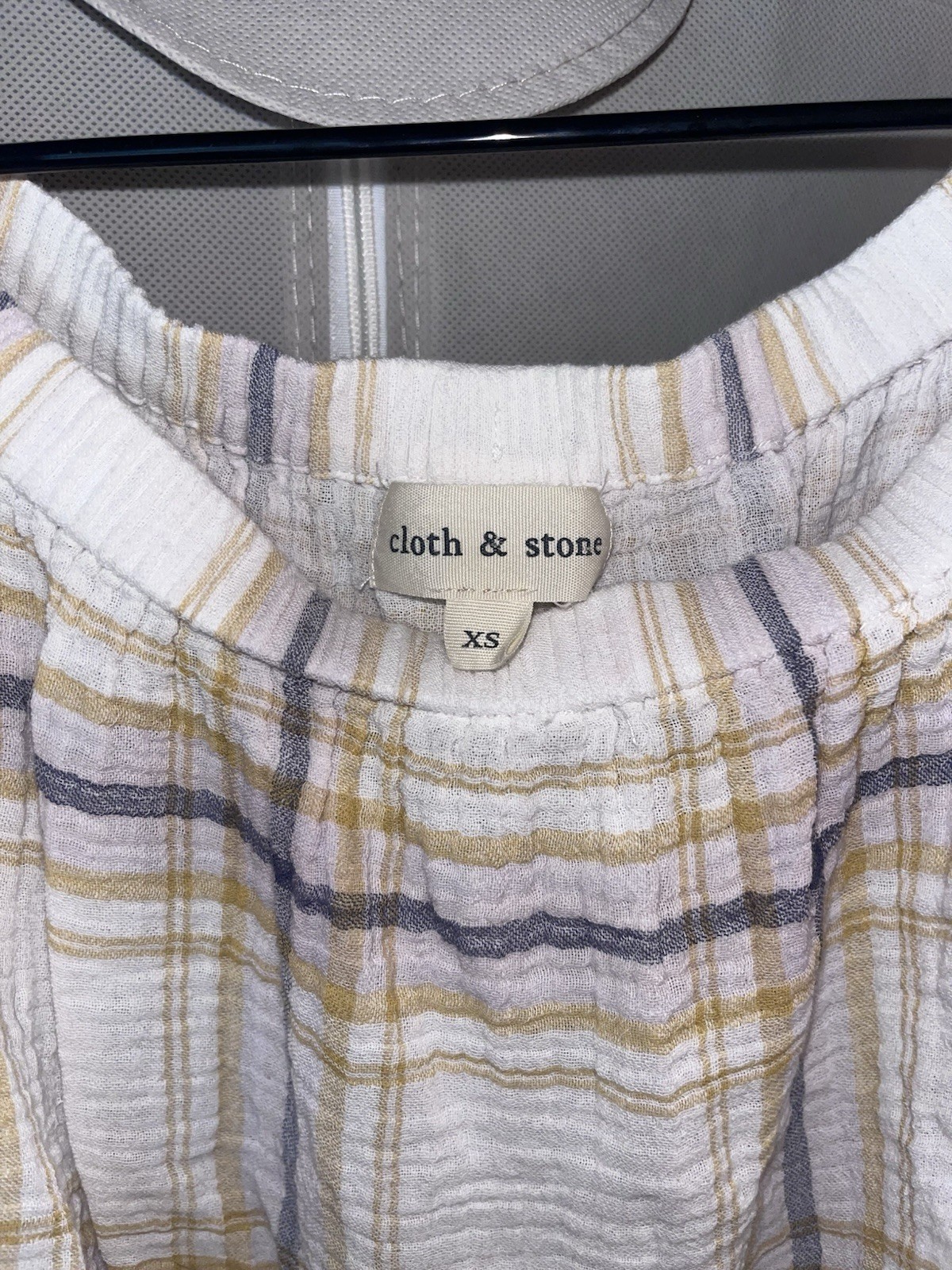 Cloth & Stone Plaid Off the Shoulder Crop Top XS Pastel Textured Gauze Blouse