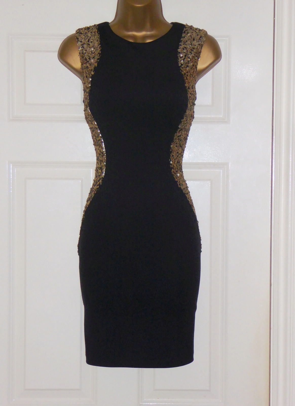 Jane Norman black gold sequin stretchy mini bodycon party dress size 10