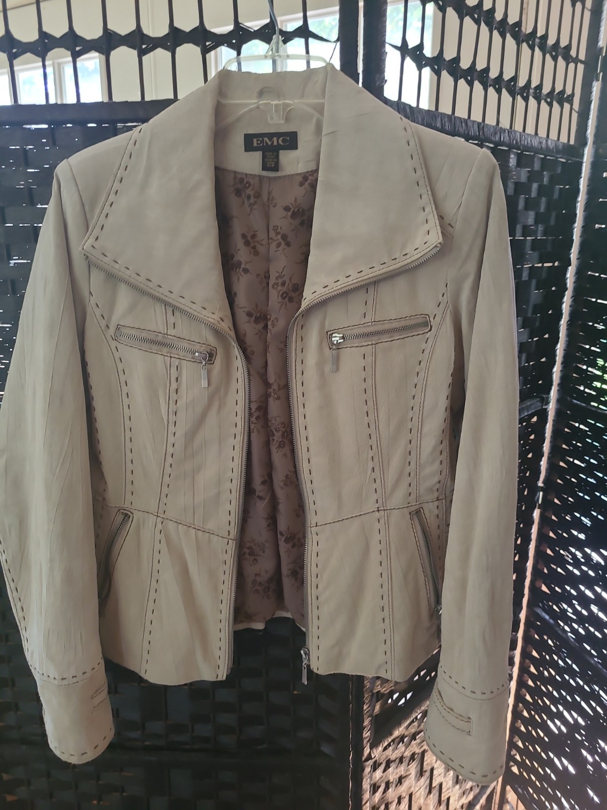 EMC Women’s Beige Leather Full Zip Short Jacket Lined Pockets Collared S/P
