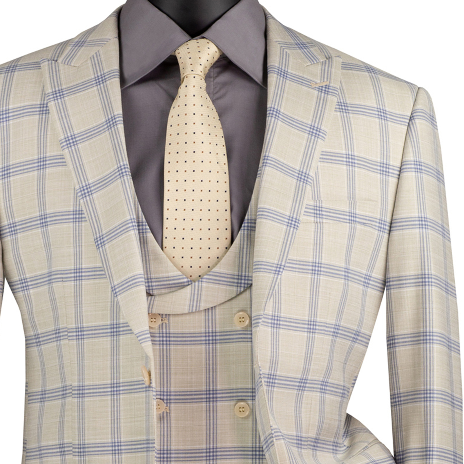 VINCI Men’s Light Beige Windowpane 3pc Stretch Modern Fit Suit – NEW