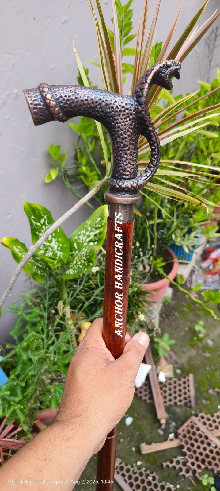 Nautical Antique Designer Snake Cobra Handle brown inlay wooden walking stick