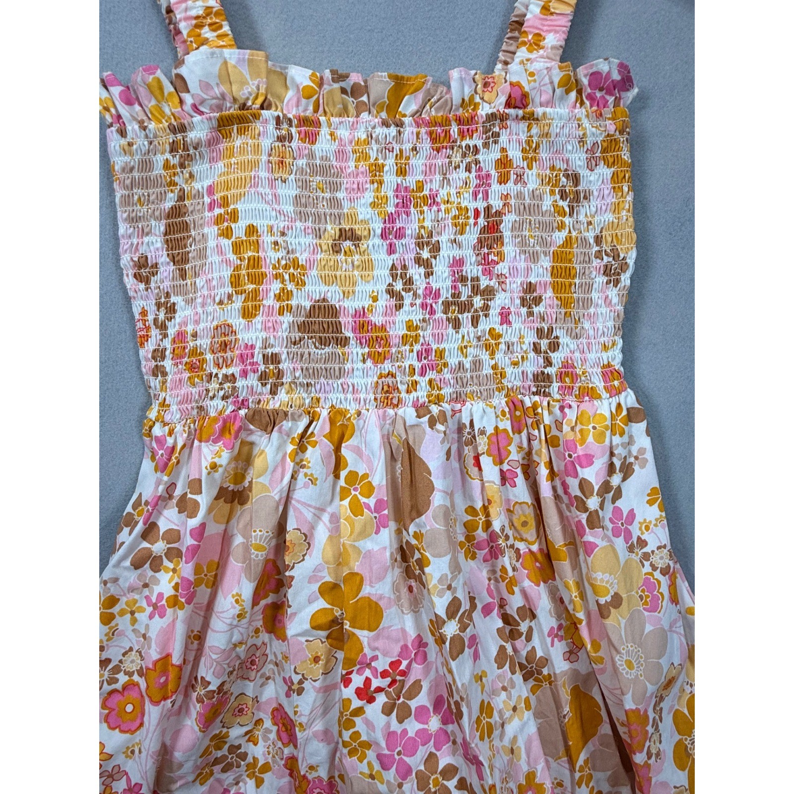 Altar’d State Retro Floral Smocked Mini Dress Pink Orange Small Cutout Back