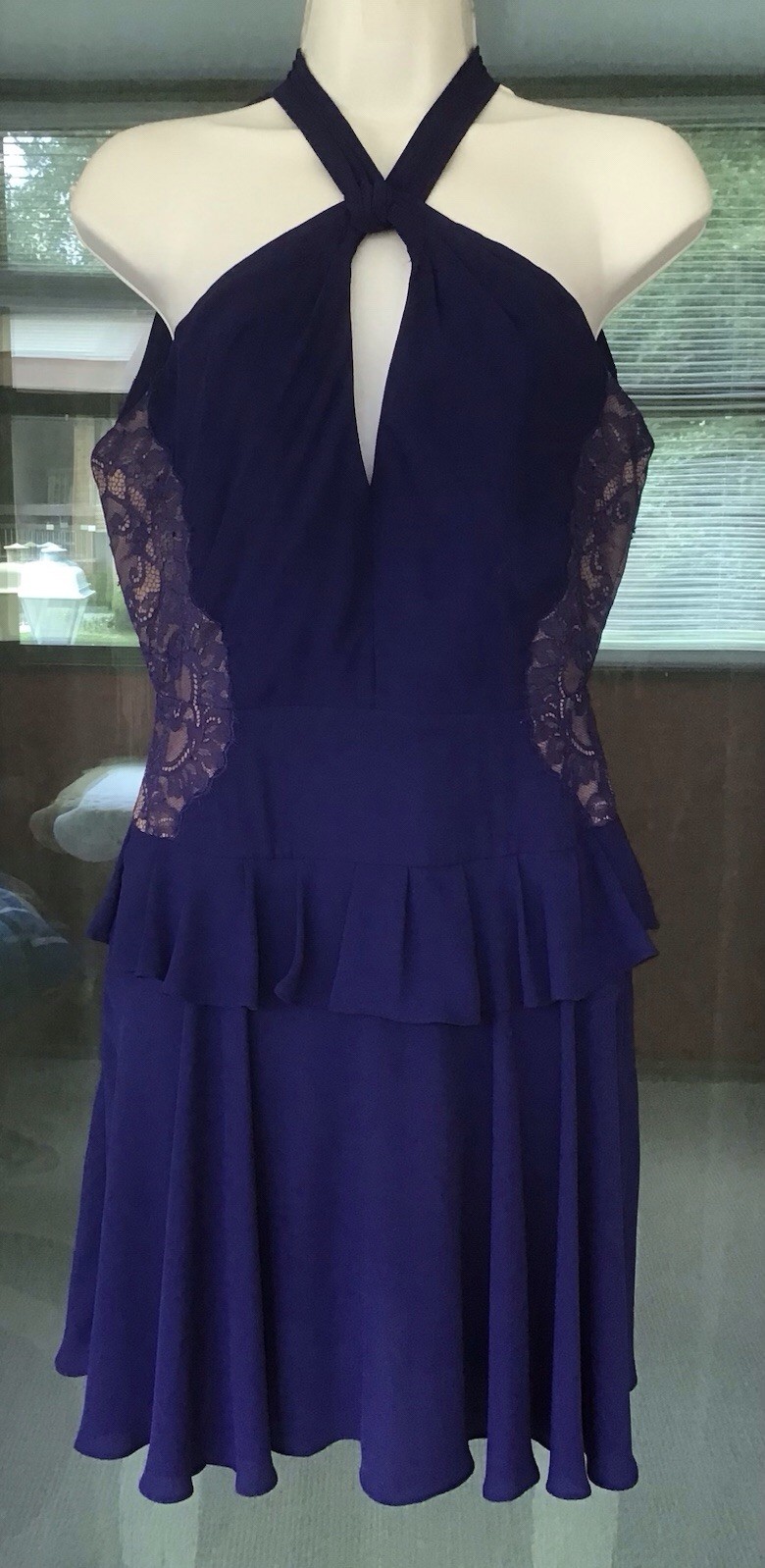 BCBGMAXAZRIA BLUE CRISS-CROSS COLLAR WITH SIDE LACE PANEL RUFFLED DRESS SIZE-4