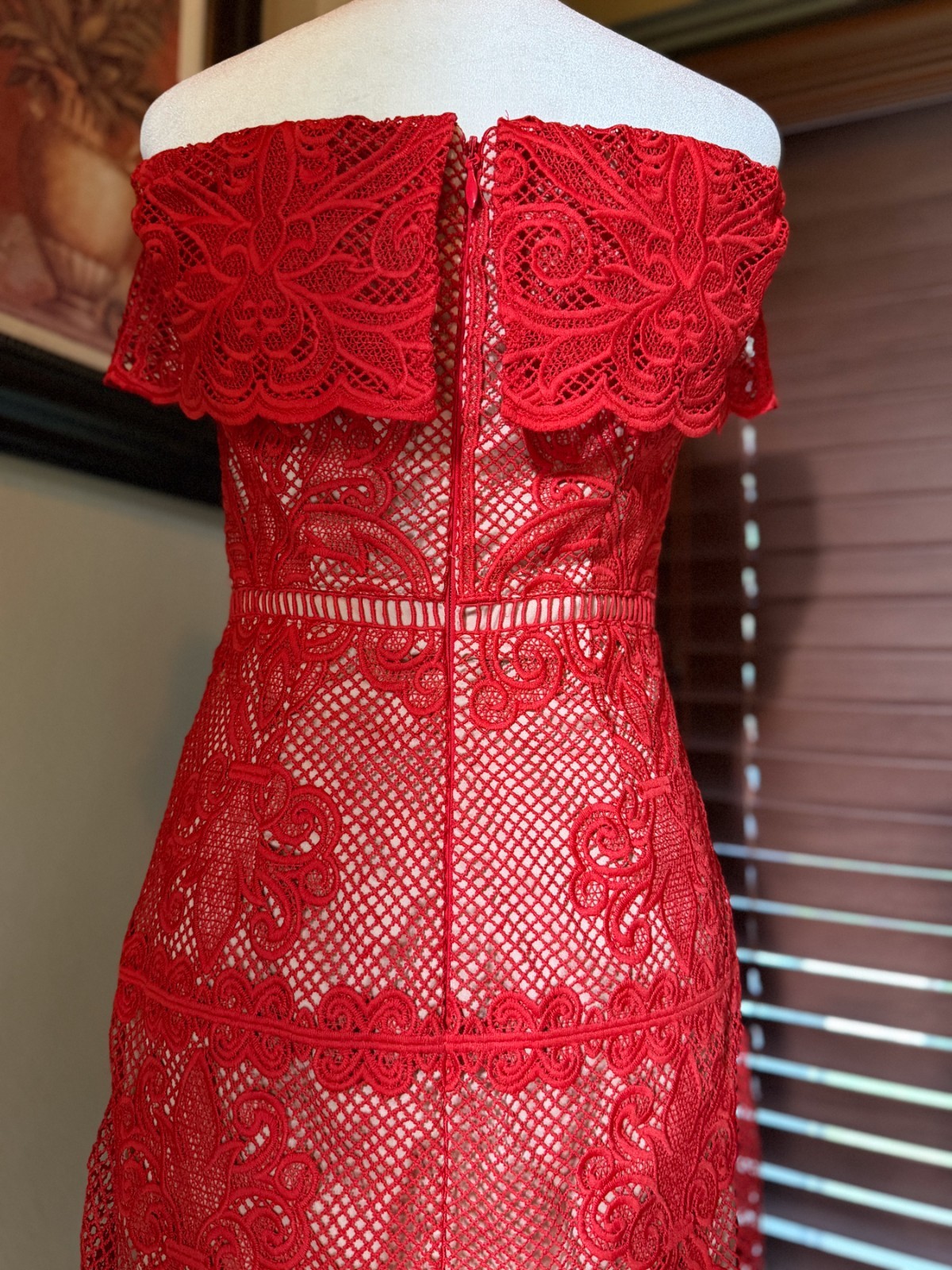 Stylestalker Small Stella Lace Off Shoulder Midi Pencil Dress Red Nude Lace