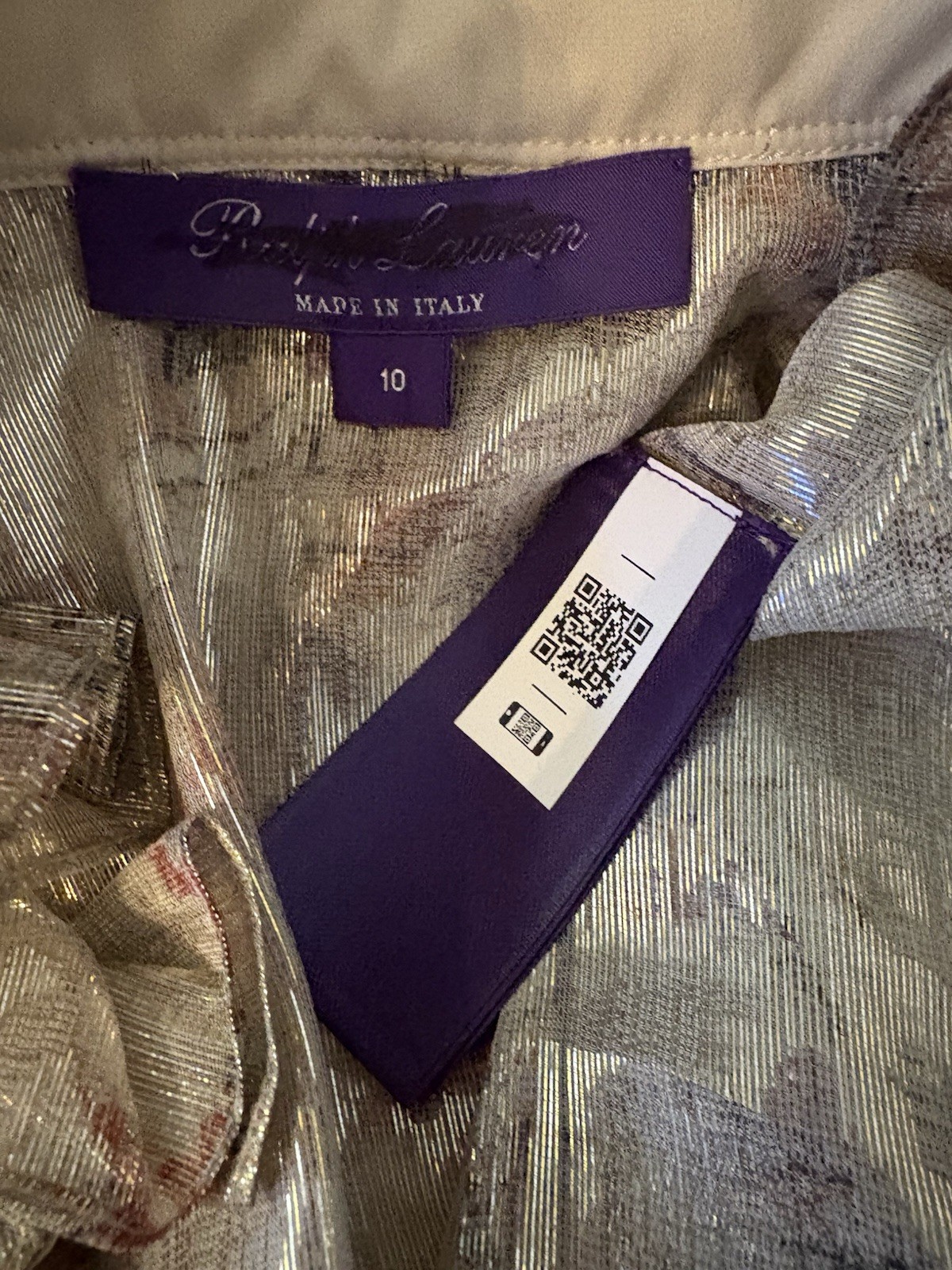 Ralph Lauren Collection Puff Sleeve Blouse Lurex Dress Shirt Tie Neck Silk 10 M