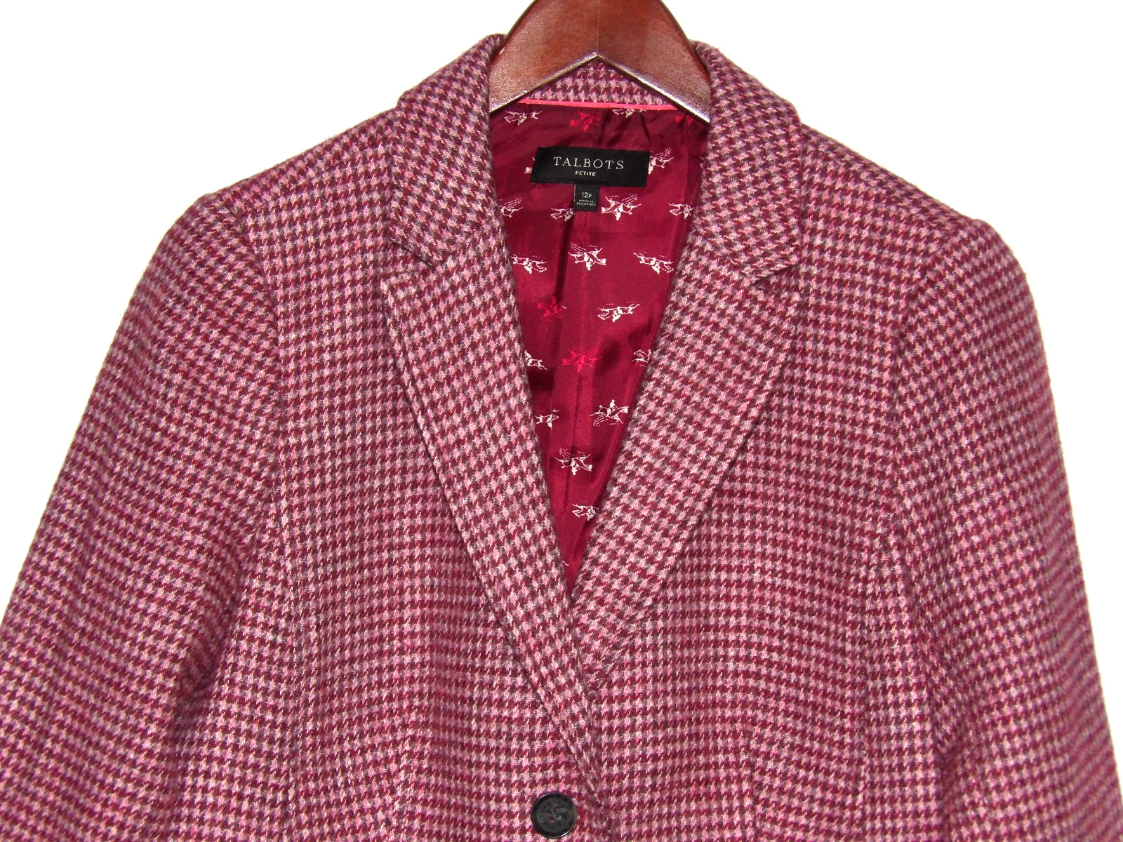 TALBOTS Pink Houndstooth 2 Button Wool Blend Tweed Office Blazer Women’s 12P