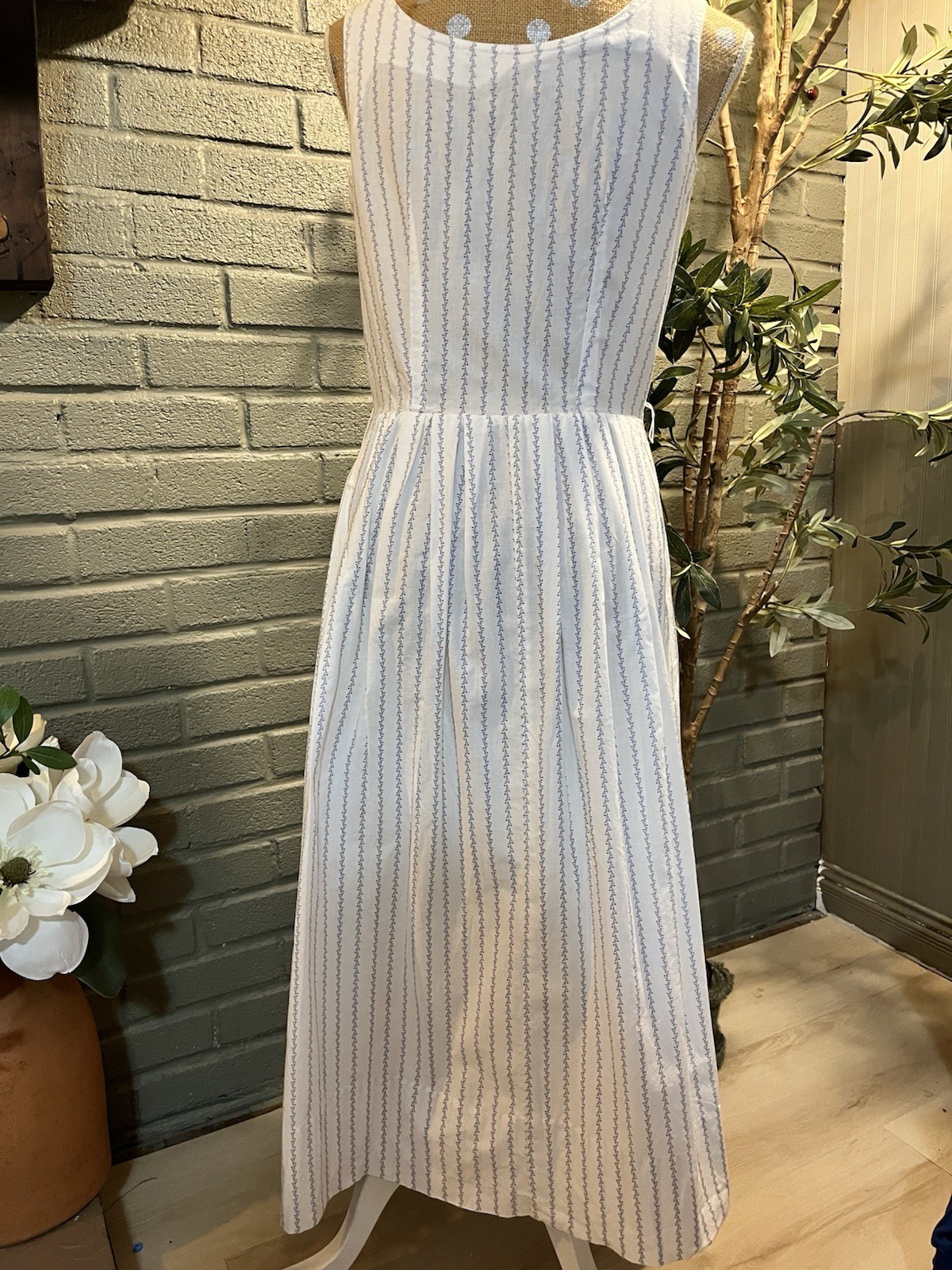 Vintage J.Crew 100% Cotton Blue & White Floral Stripe Button Front Midi Dress–10