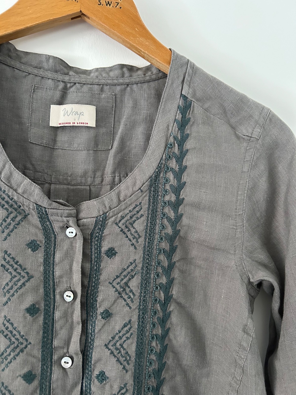 Wrap London Linen Shirt Blouse Size 6 Grey Green Embroidery Priarie Cottagecore