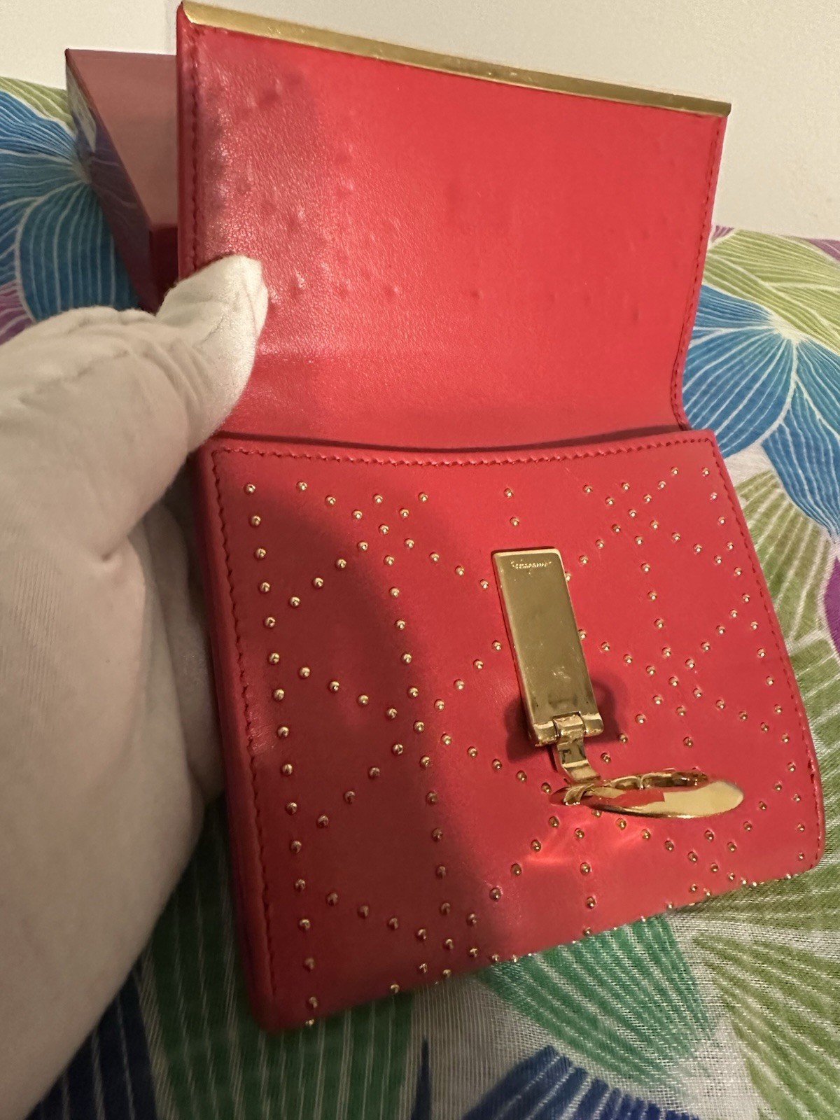 Salvatore Ferragamo Women’s Bifold Wallet, Red Solid, Studded Logo, Gold Tone