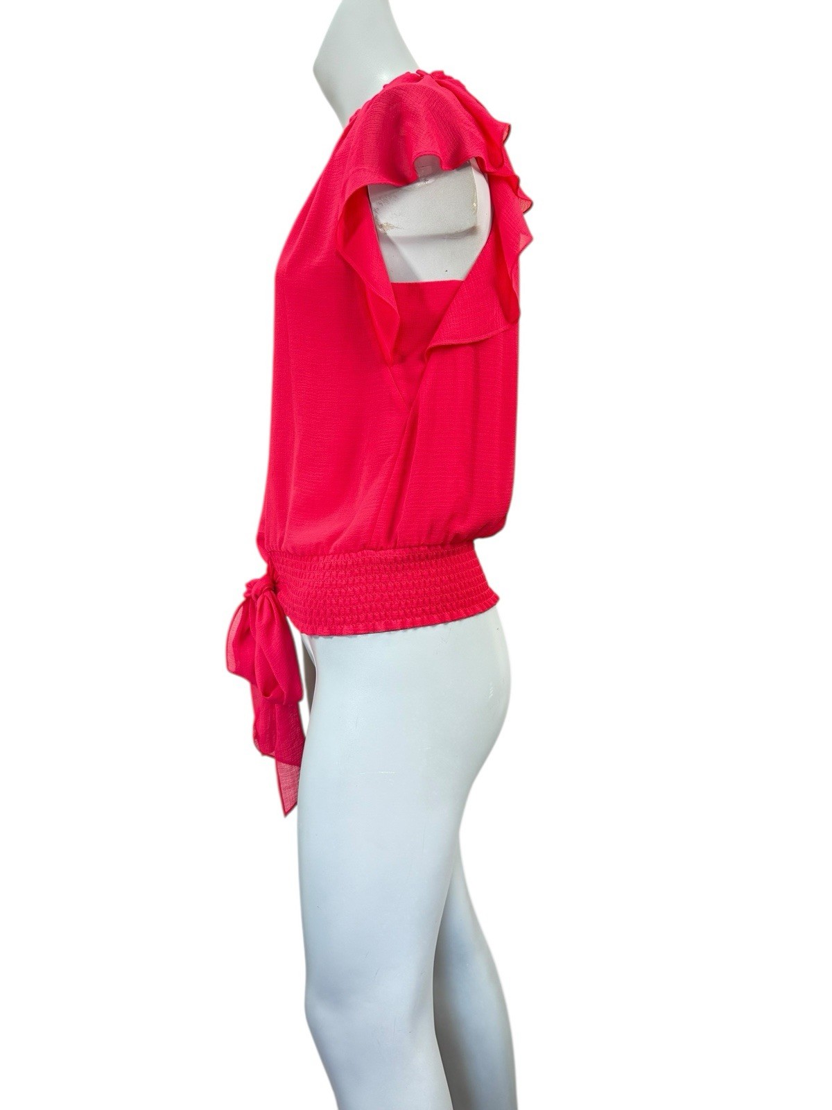 S Ramy Brook New York Red Meredith Blouse Short Flutter Sleeve V Neck Waist Tie