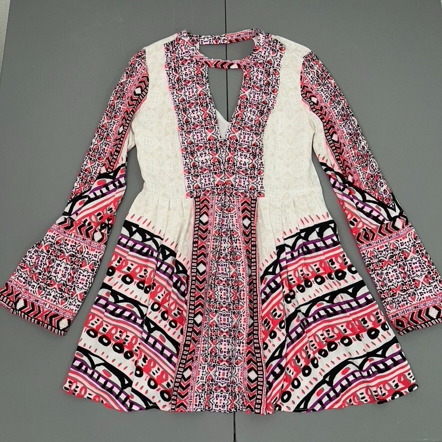 Free People Dress Women Dress 4 Pink Tegan Mini Dress V Neck Long Sleeve Boho