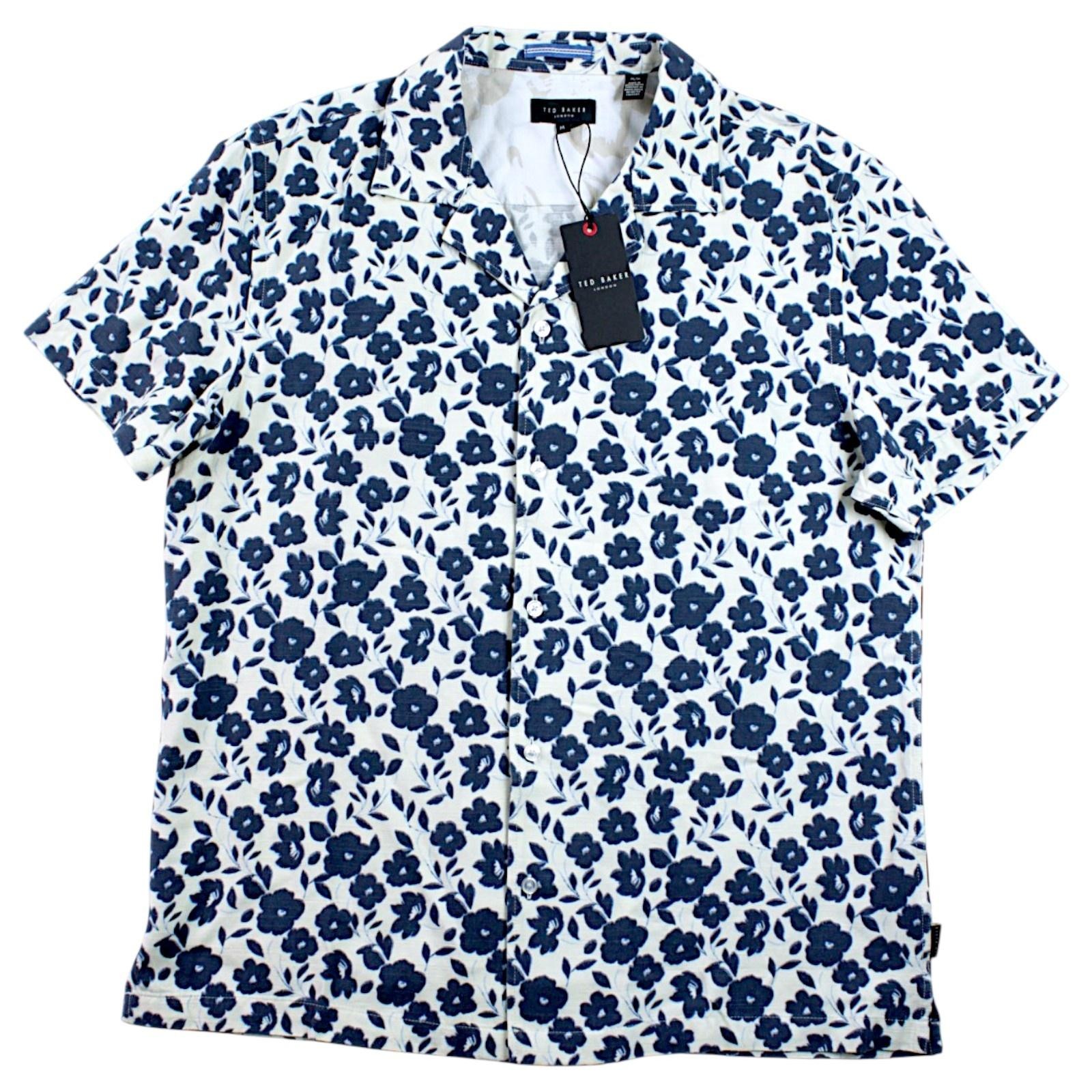 Ted Baker Camp Shirt Mens M Blue Floral Short Sleeve Button Front $150 NEW