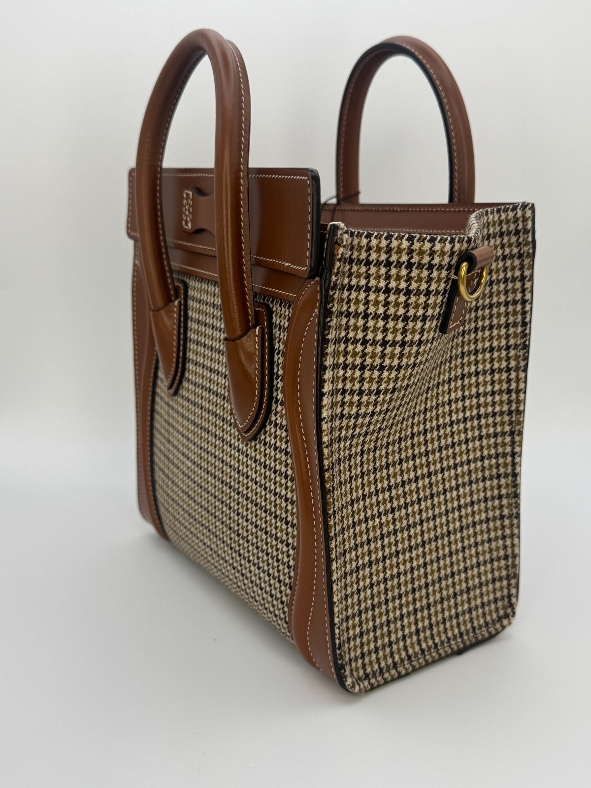 Celine Luggage Nano Tote Houndstooth Tweed & Tan Leather Top Handle Shoulder