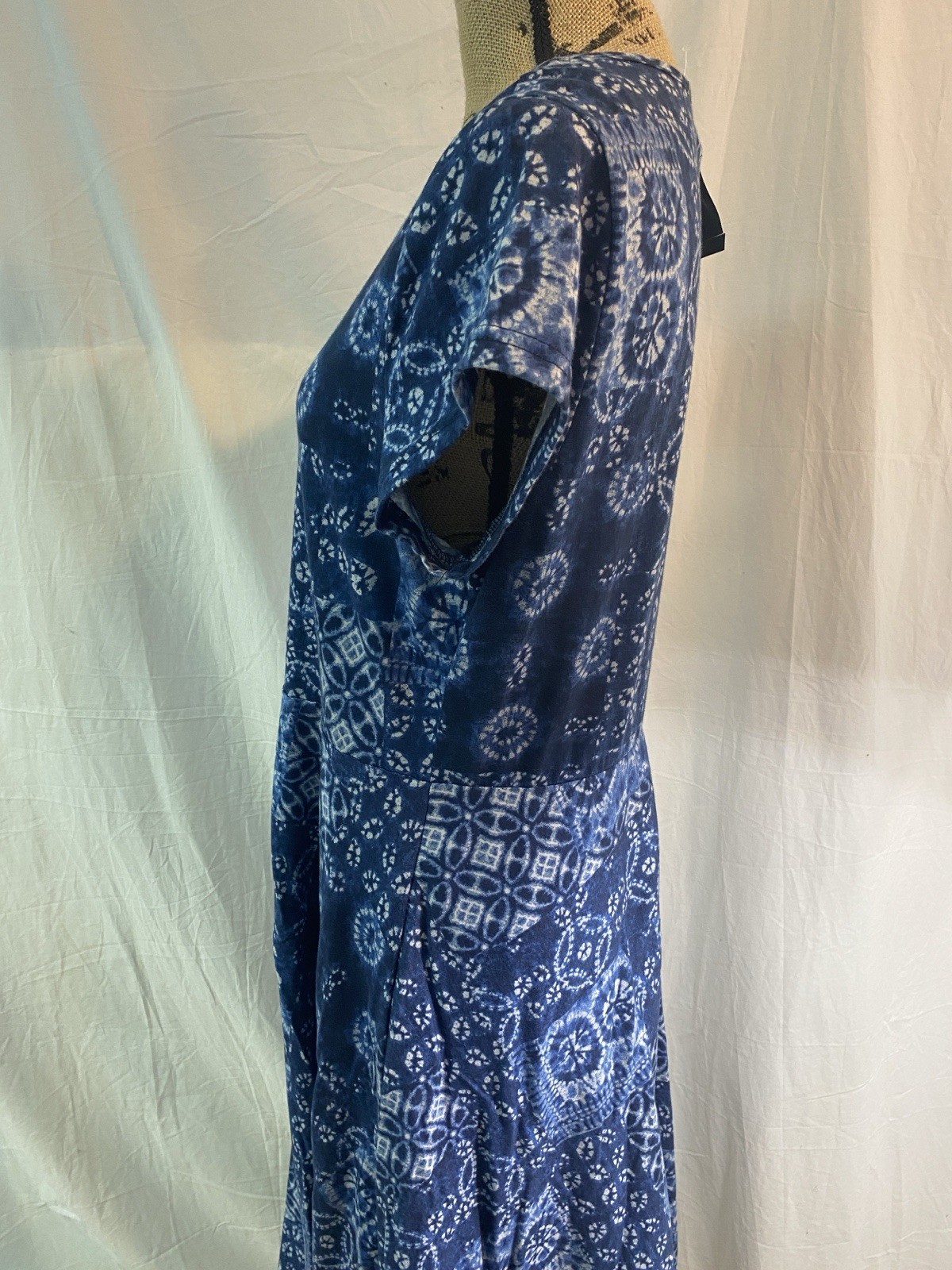 NWT Chaps Women Cotton Knit Indigo Batik Patchwork Long Dress Short Sleeve XL