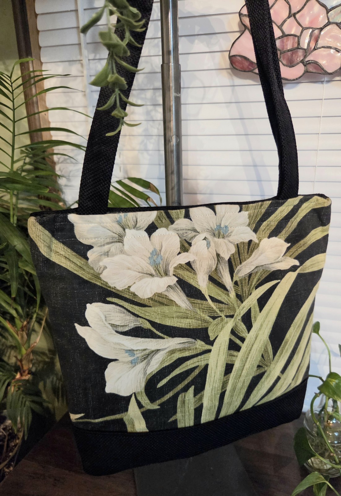 Handmade Tropical Floral Lillies Black Canvas Tote Bag Medium