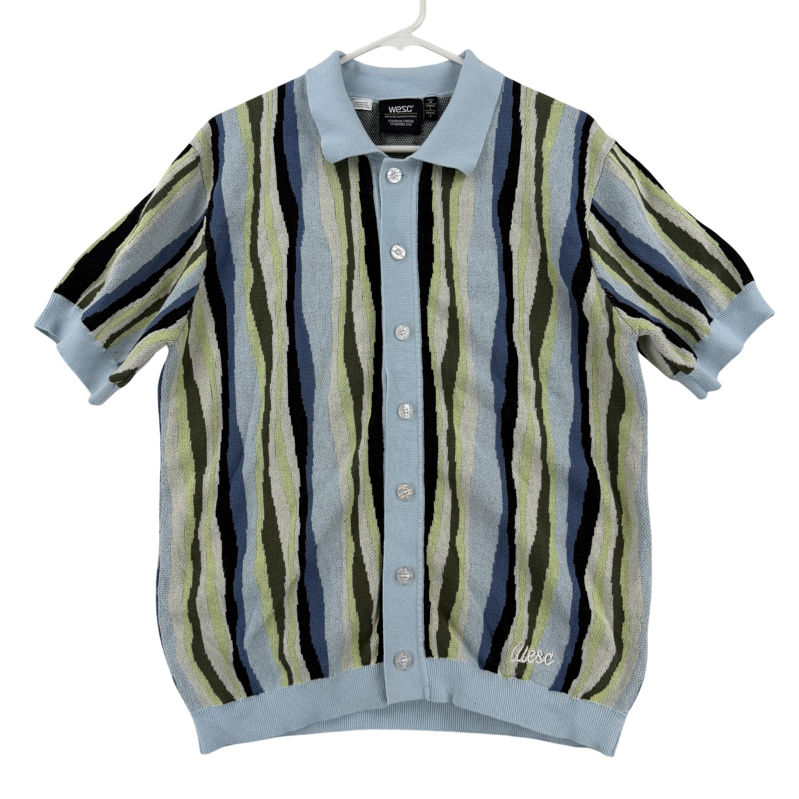 WeSC Sweater Mens Medium Blue Striped Button Cardigan Knit Polo Retro Y2K