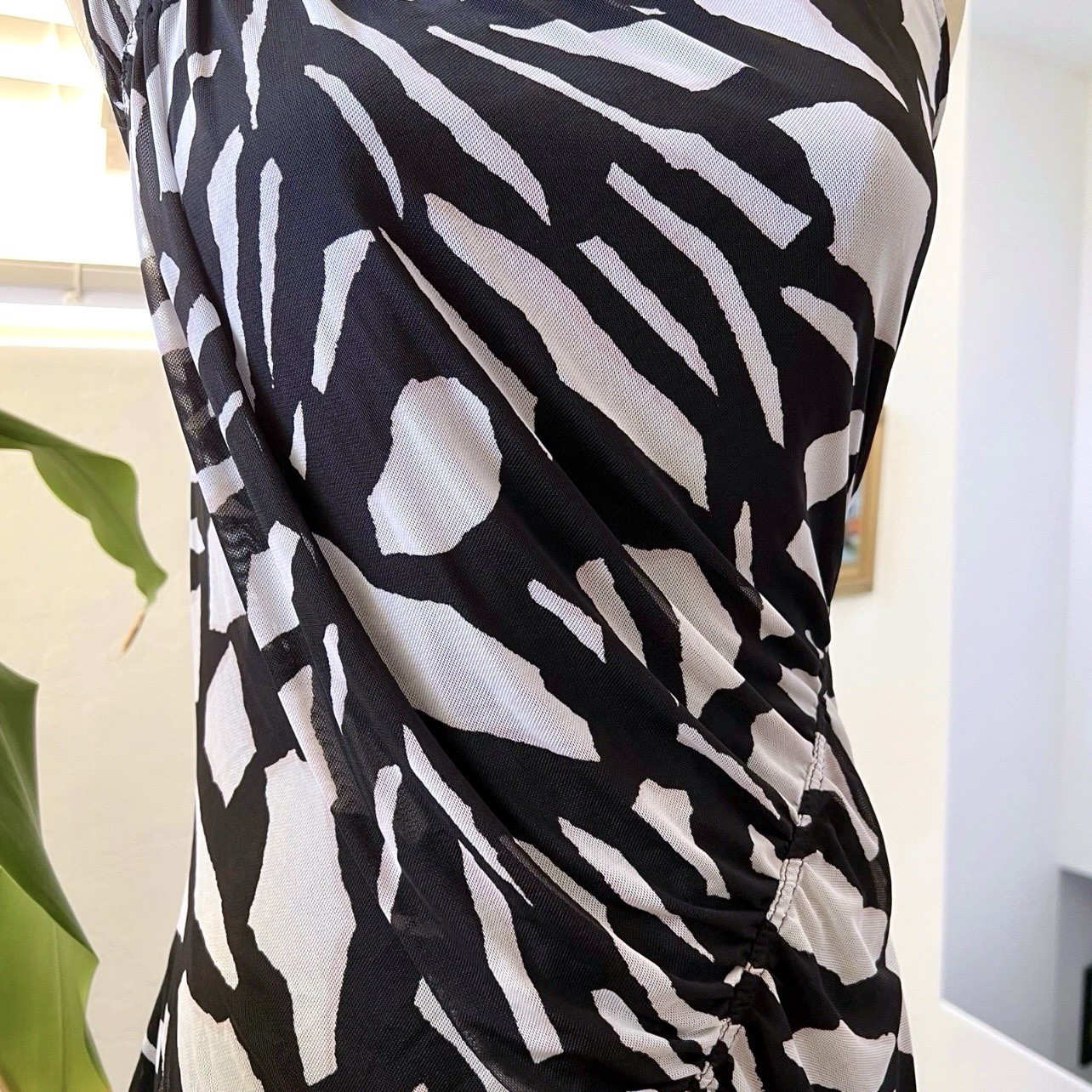 DKNY Y2K Zebra Print Mesh Overlay Top Tank Sleeveless Ruched Mob Wife XL Fitted