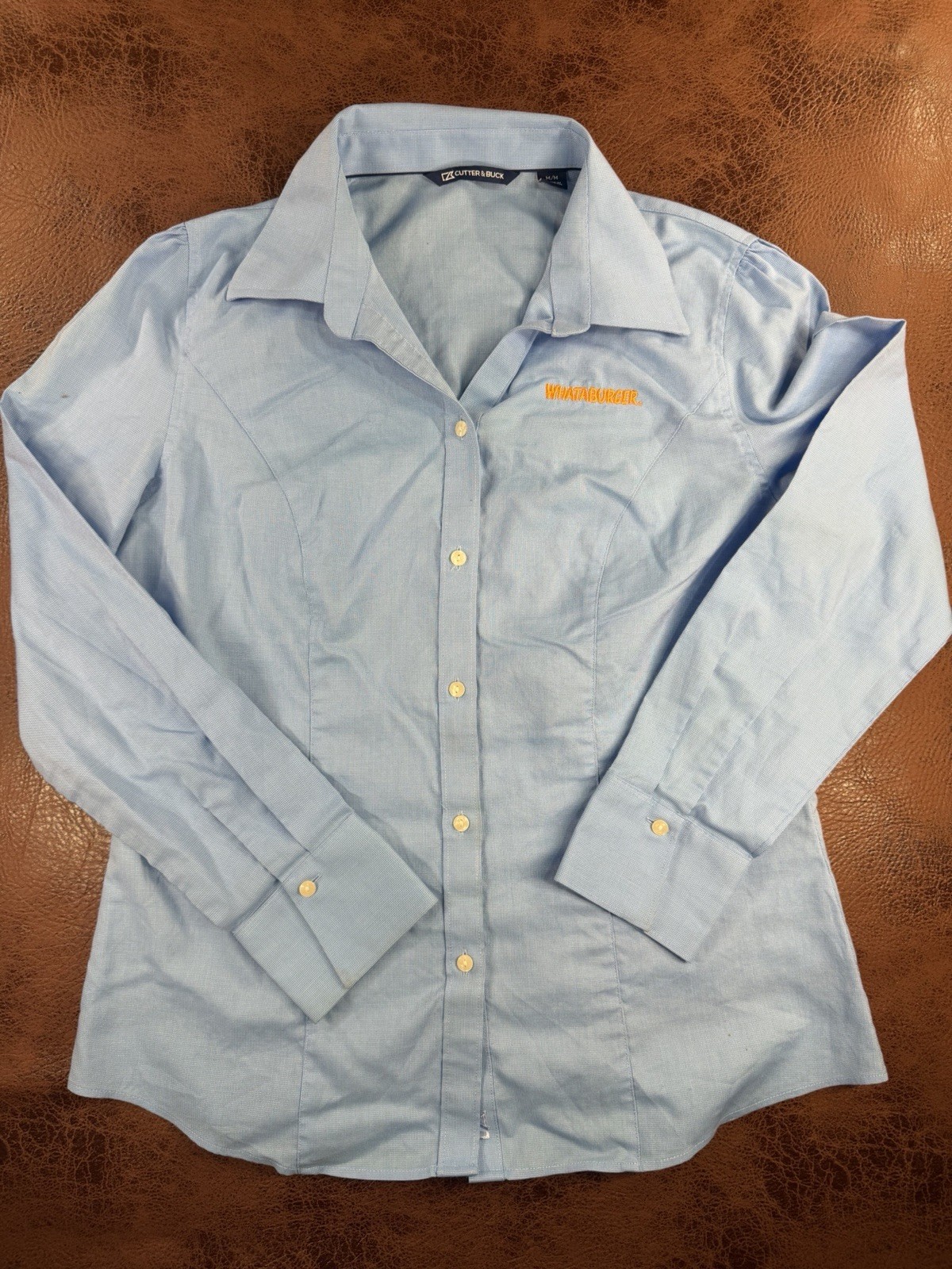 Whataburger Uniform Shirt Women’s Medium Cutter & Buck Light Blue Button Up Top