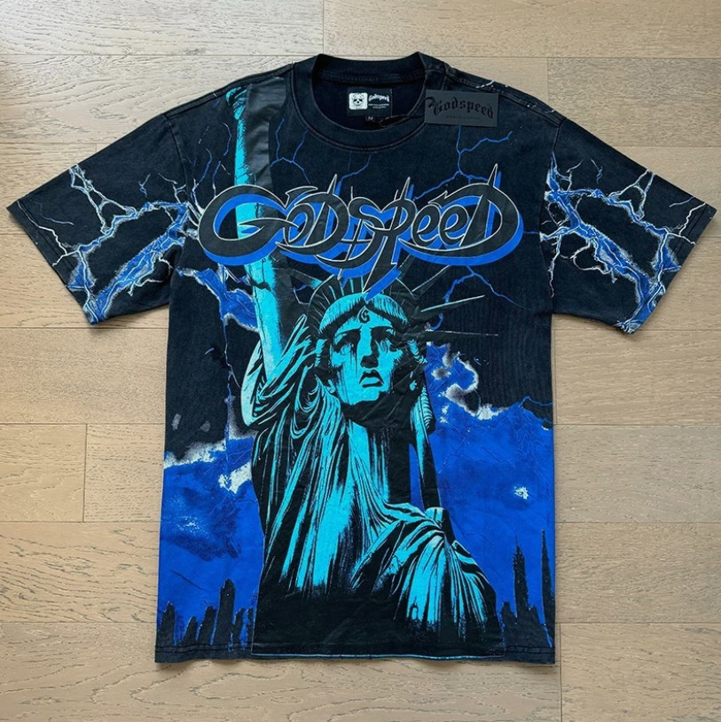 NEW Godspeed Rock Statue of Liberty Tee Washed Mens Short Sleeve Black T-shirt