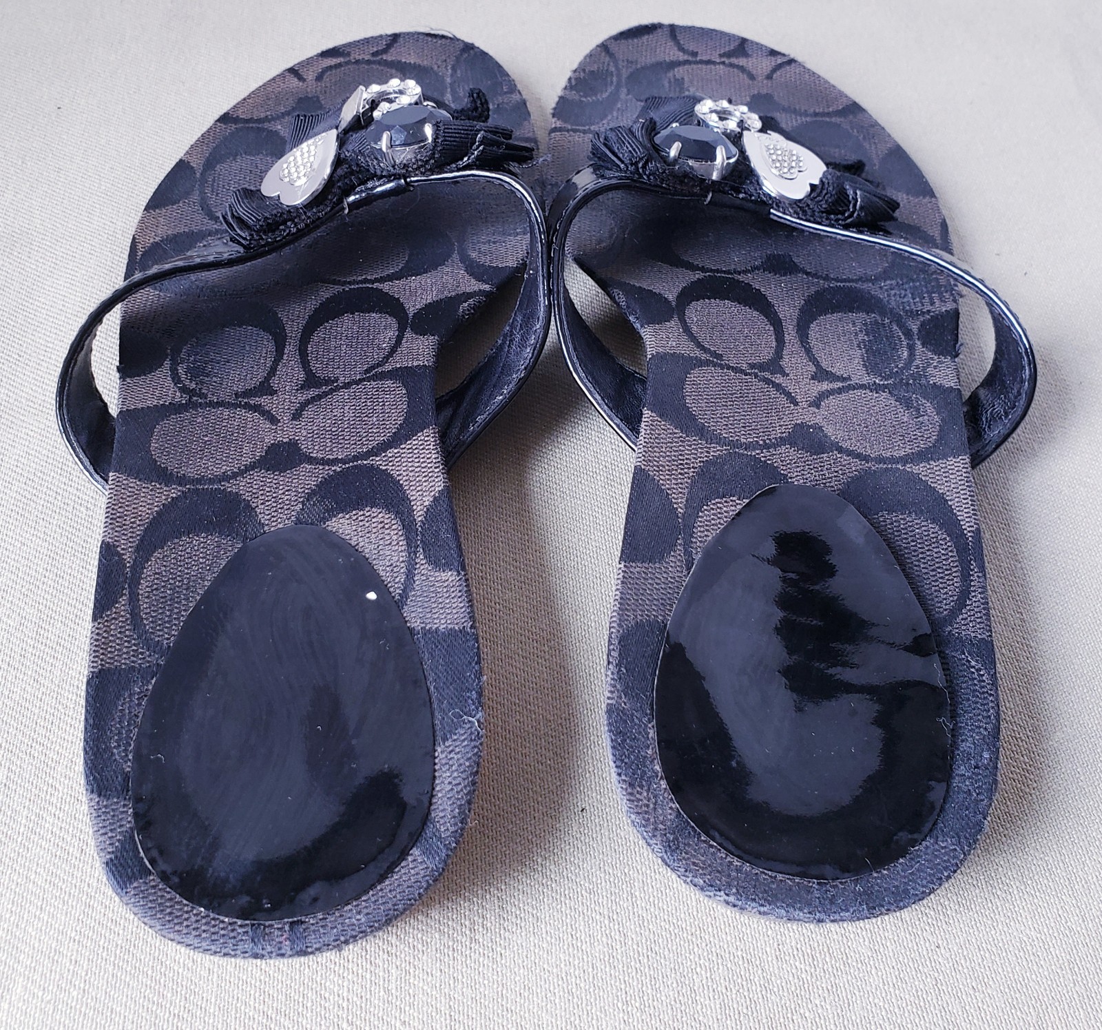 COACH Sparkle Serenity Black Patent Leather Flip Flops Sandals Bling Charm