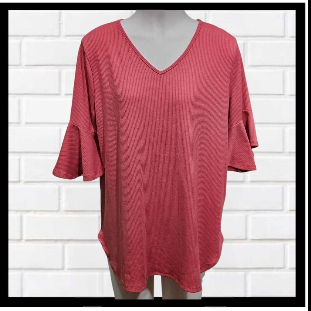 PERFECT PEACH Terracotta Rib Knit Ruffle Flutter Sleeve Top Large