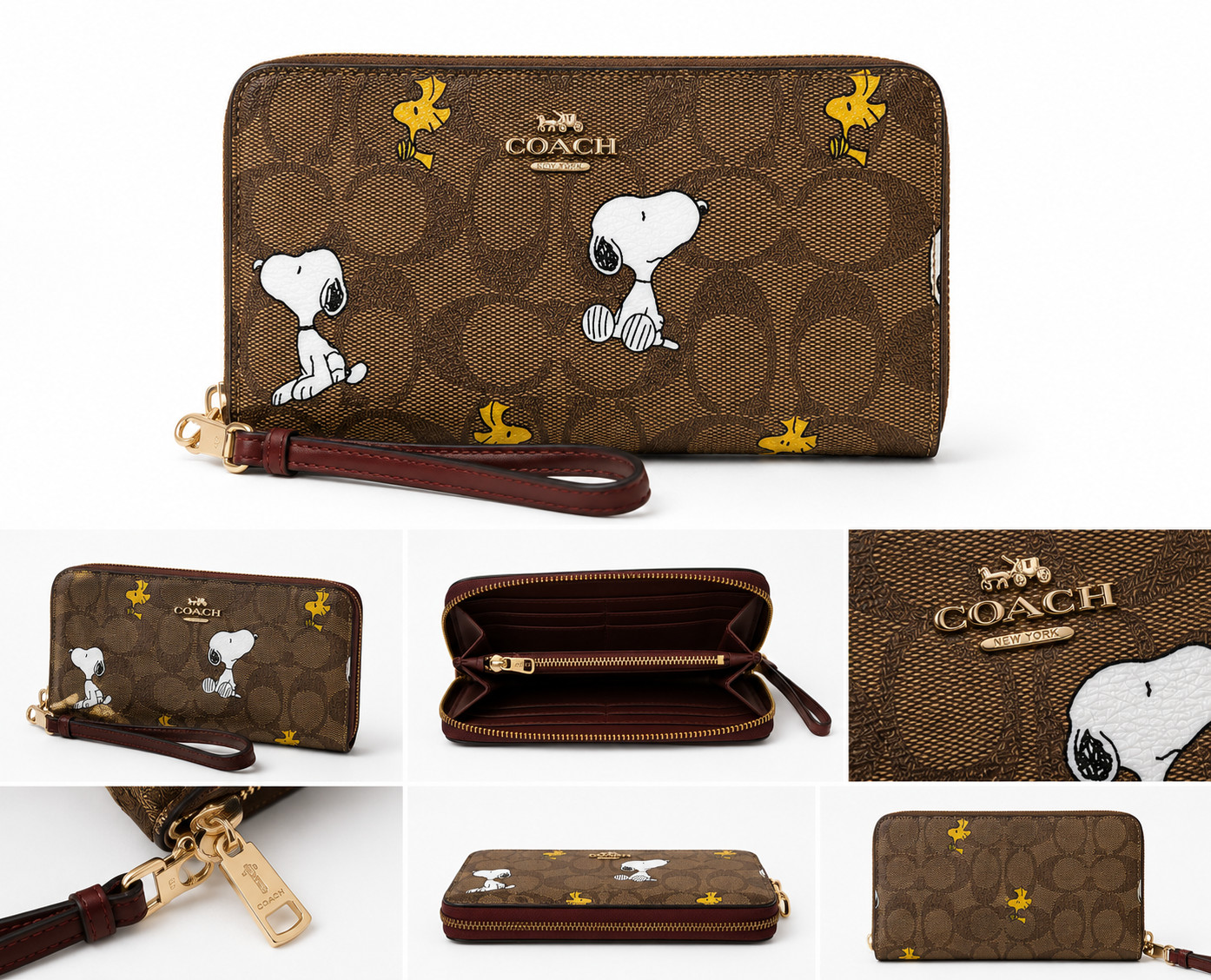 COACH x PEANUTS Long Zip around Wallet Snoopy Woodstock Khaki Signature F/S