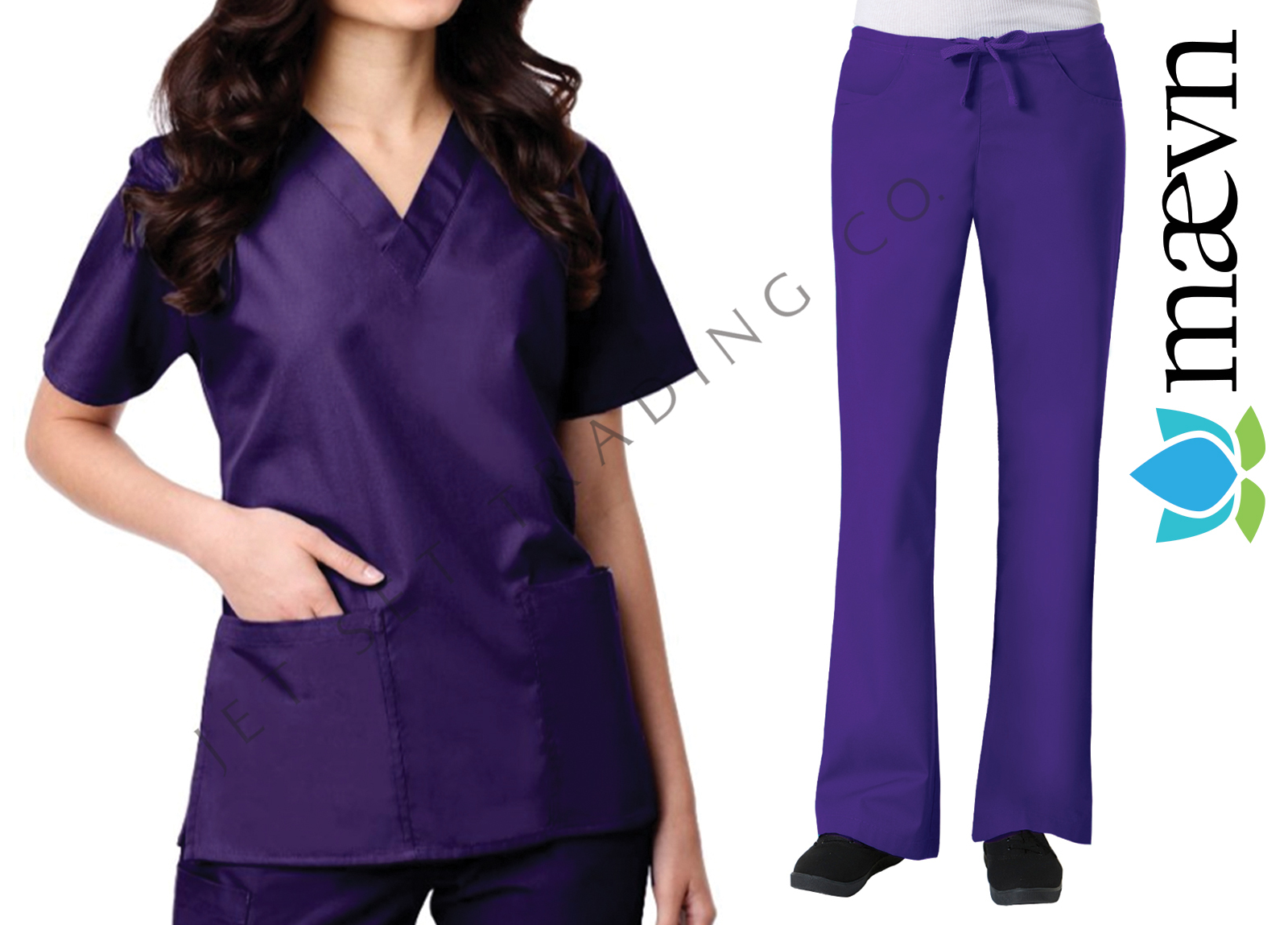 Maevn Women’s Purple Scrub Set 2 Pocket Top Flare Leg Pants Sizes 2XS to 2XL