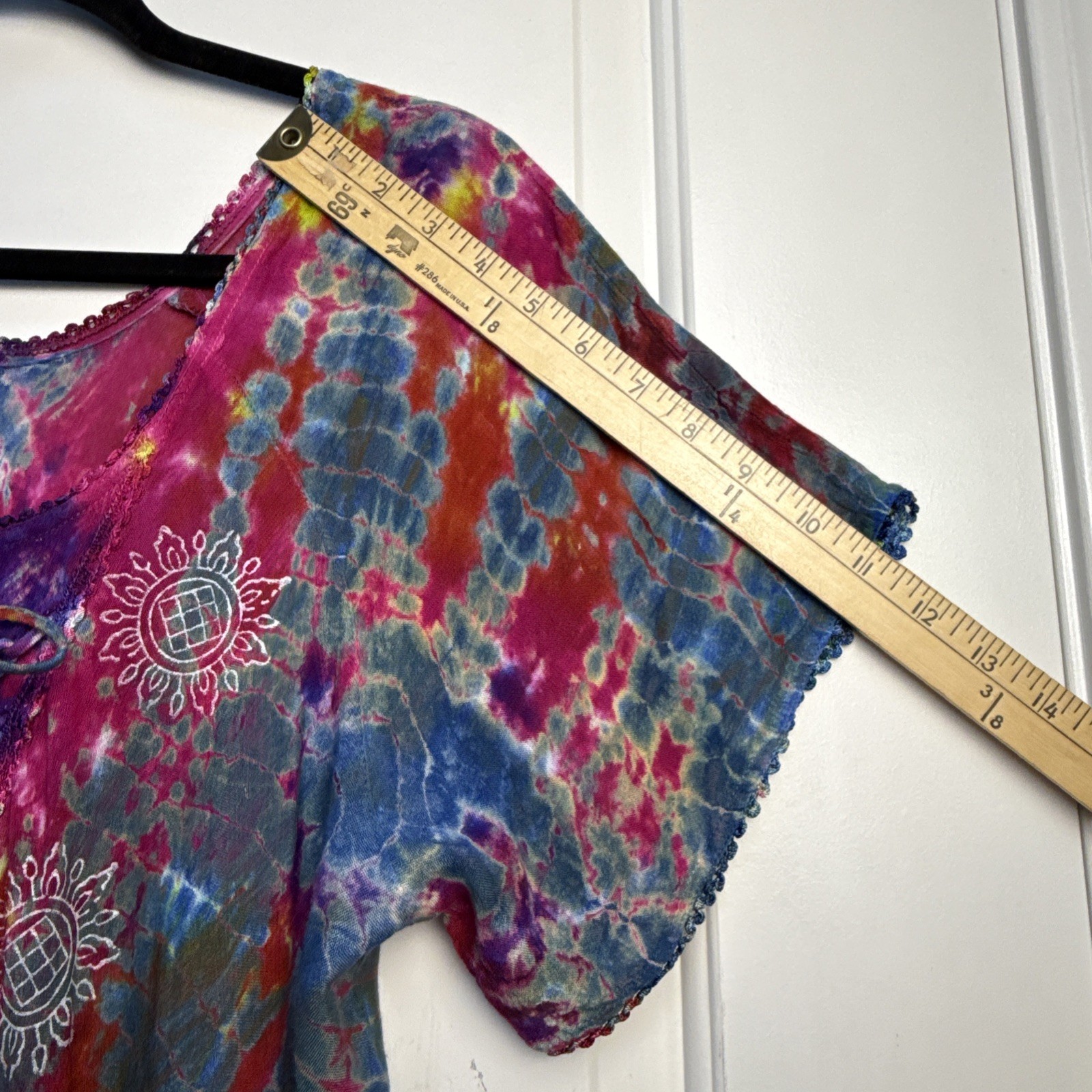 India Boutique Womens Dress Boho Flowy Coverup OS Tie‑Dye Paint Floral Lace Trim