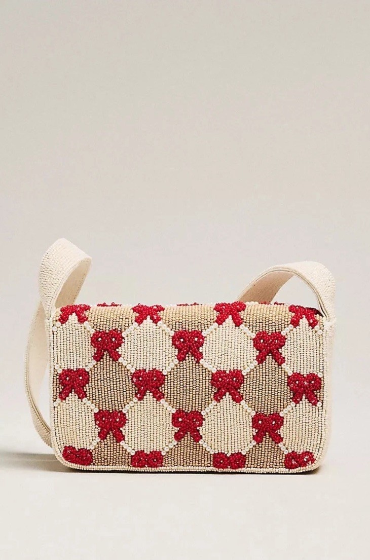 Anthropologie Fiona Beaded Bag Winter Icon Edition Red Bow Checkered New