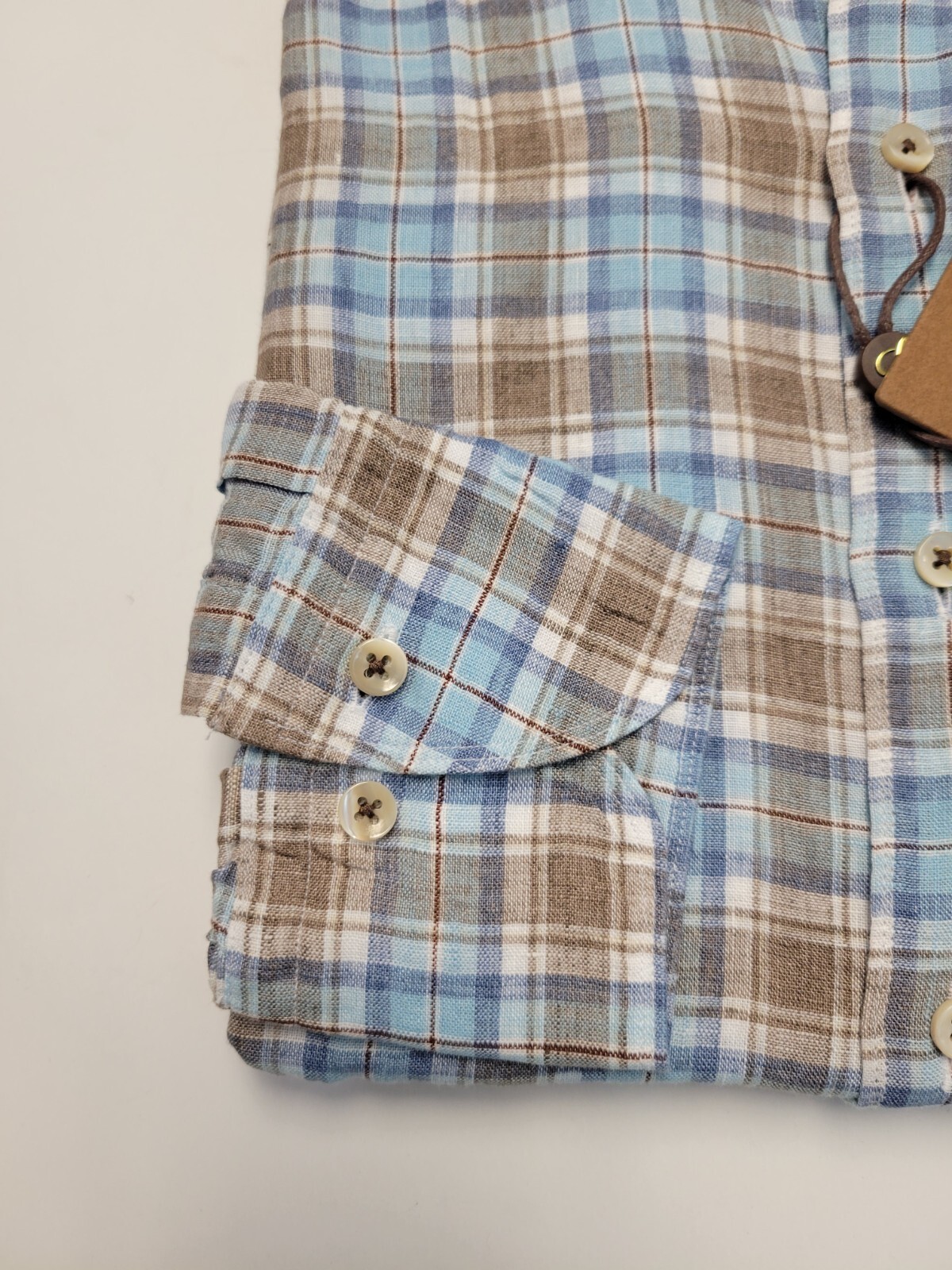 $285 New STENSTROMS Plaid Check Button LINEN SHIRT Men MEDIUM Blue Brown Fitted