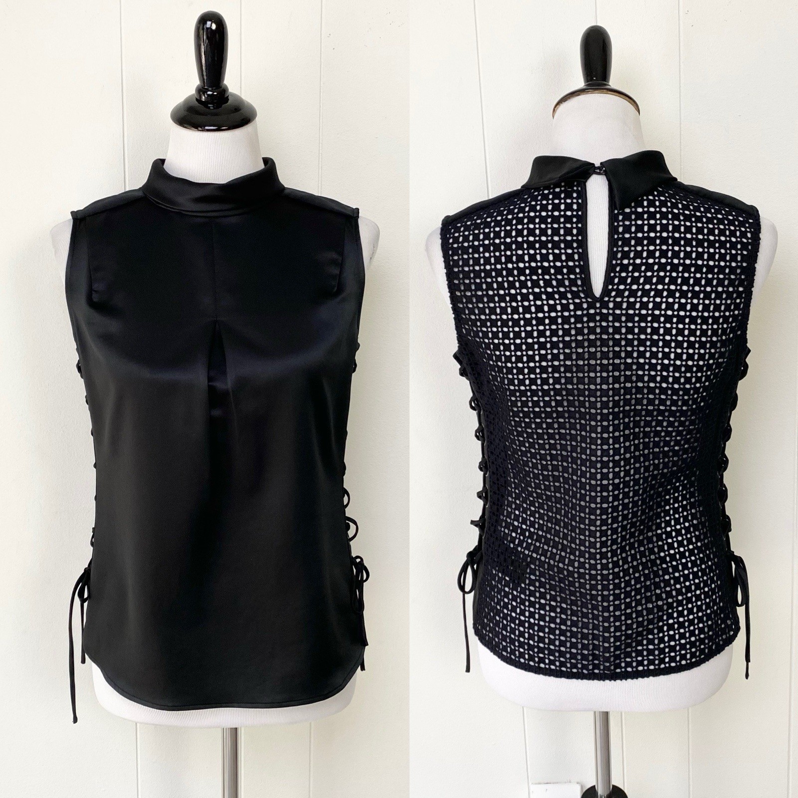 Karen Millen Black High Neck Corset Lace Up Sides Lace Back Sleevless Top US 4