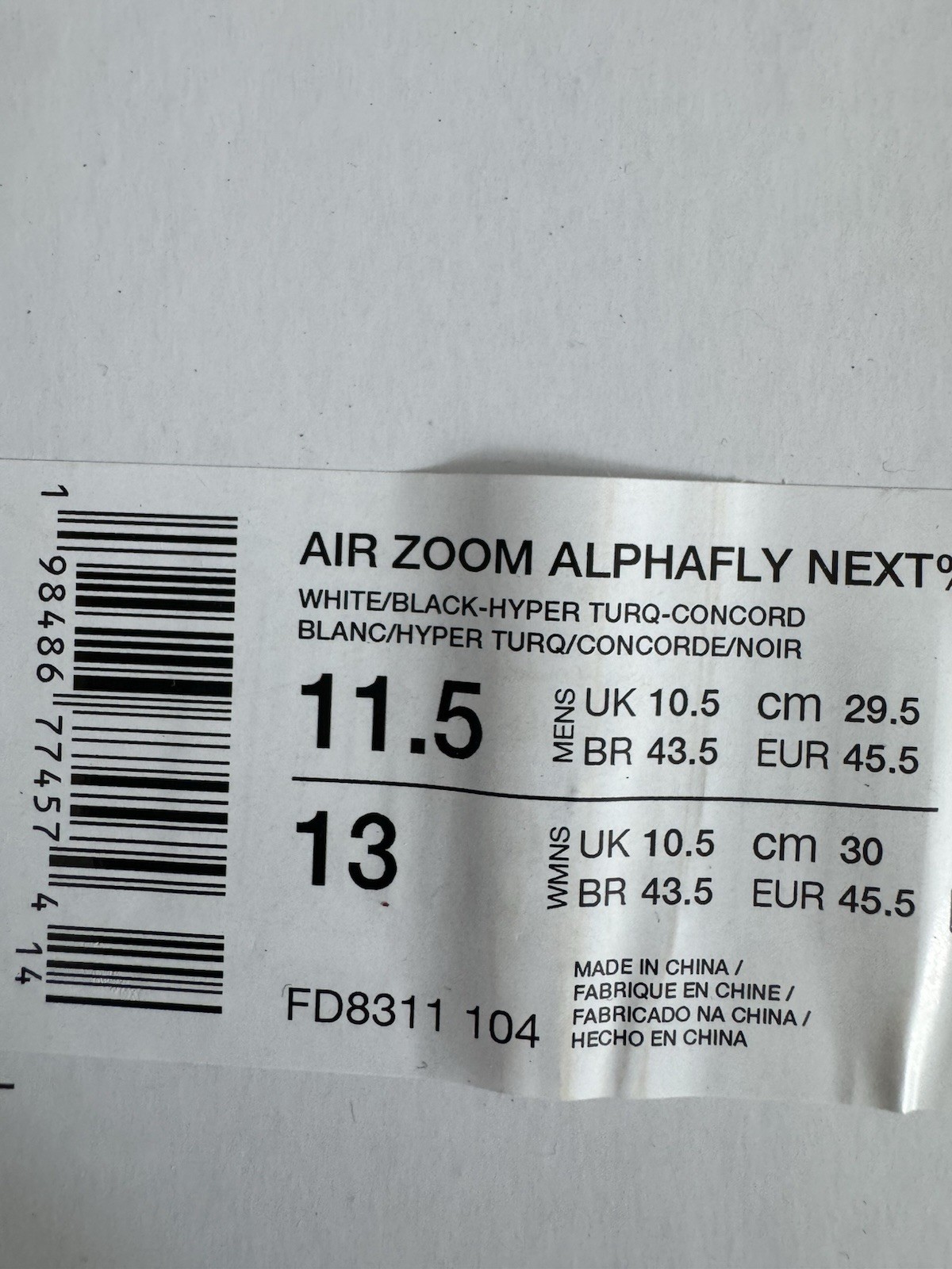 Nike Air Zoom Alphafly Next% 3 White Black Hyper Turquoise FD8311-104 Size 11.5