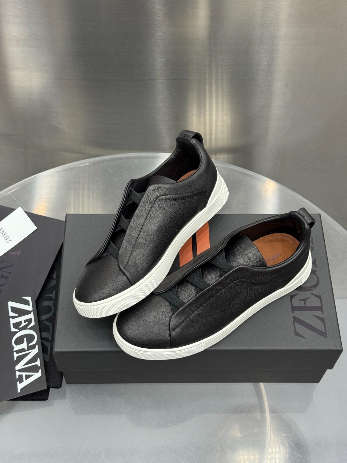 New Men’s Zegna Triple Stitch Black Slip On Casual Sneakers