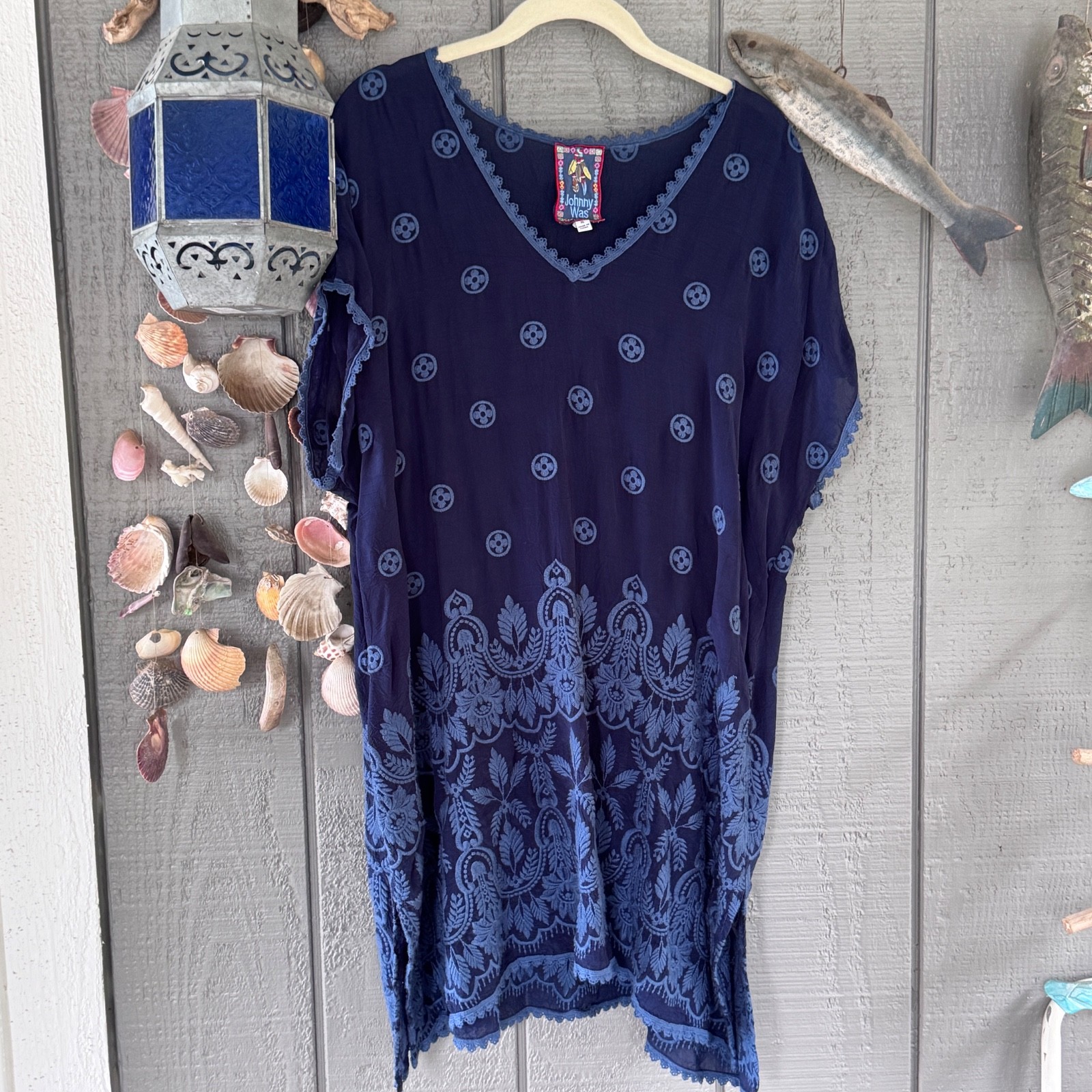 Johnny Was Navy Embroidered Tunic Dress XL Cupra Rayon Lace Trim Boho Floral