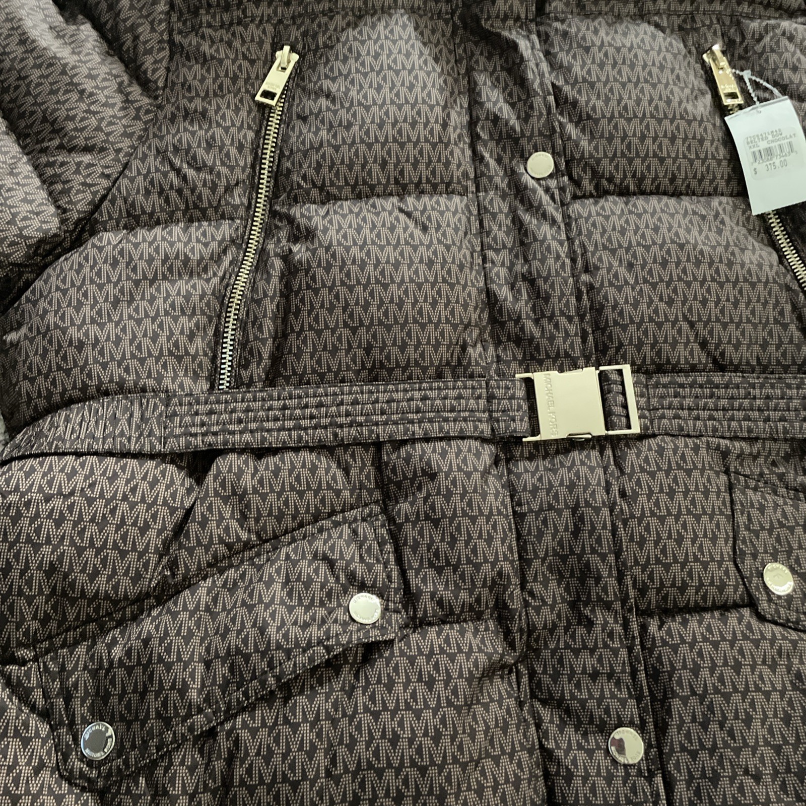 Michael Kors Faux Fur Trim Quilted Belted Puffer Jacket Chocolate Brown XXL $375
