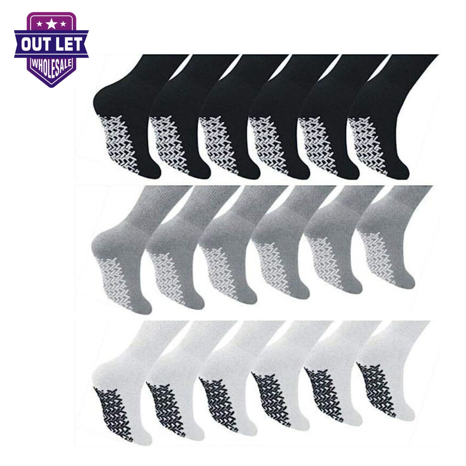 6-12 Pairs Non skid Diabetic Crew socks Non Binding Loose Fit Top Cotton Gripper
