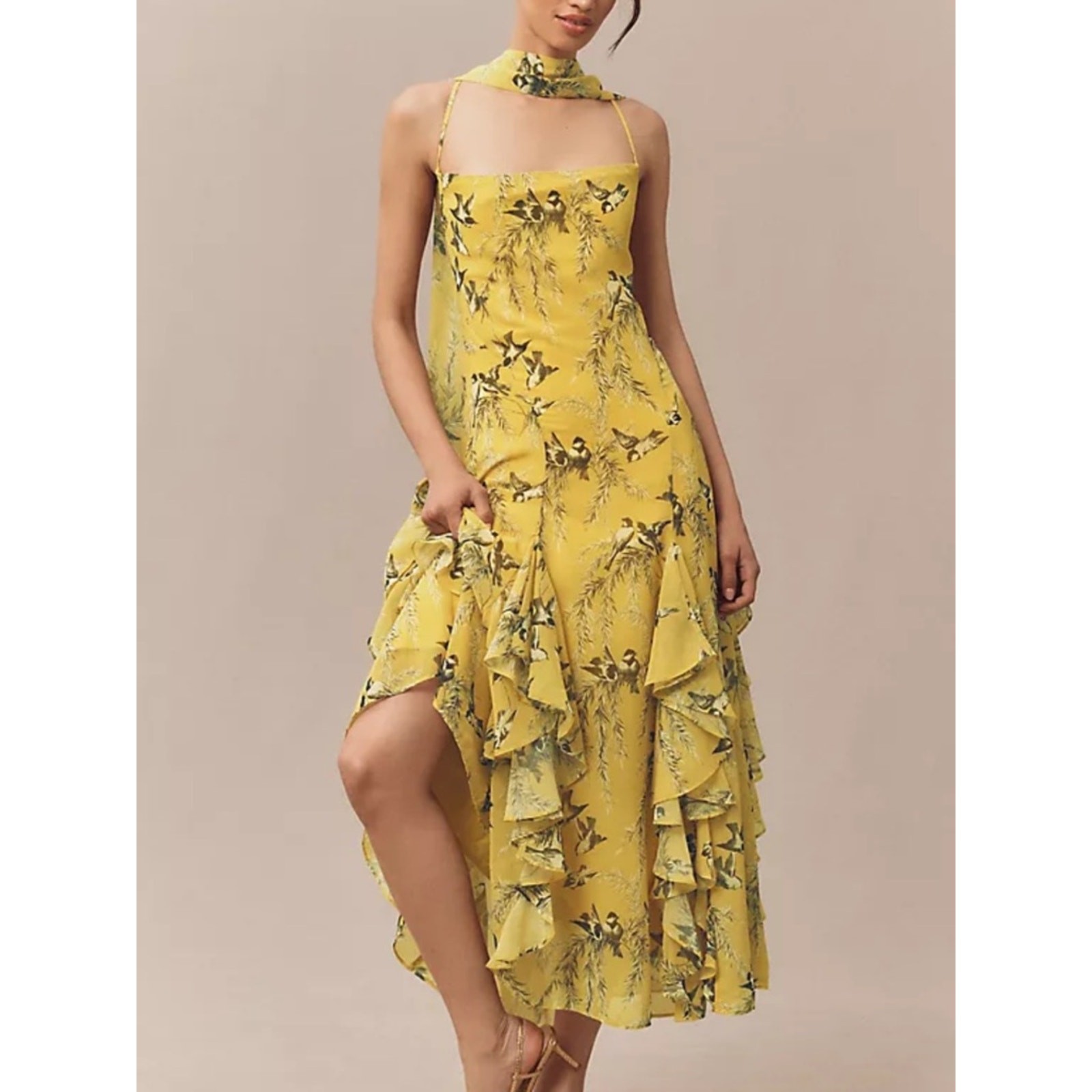NWOT BHLDN Anthropologie Bird Print Chiffon Cowl Neck Ruffle MIDI Dress