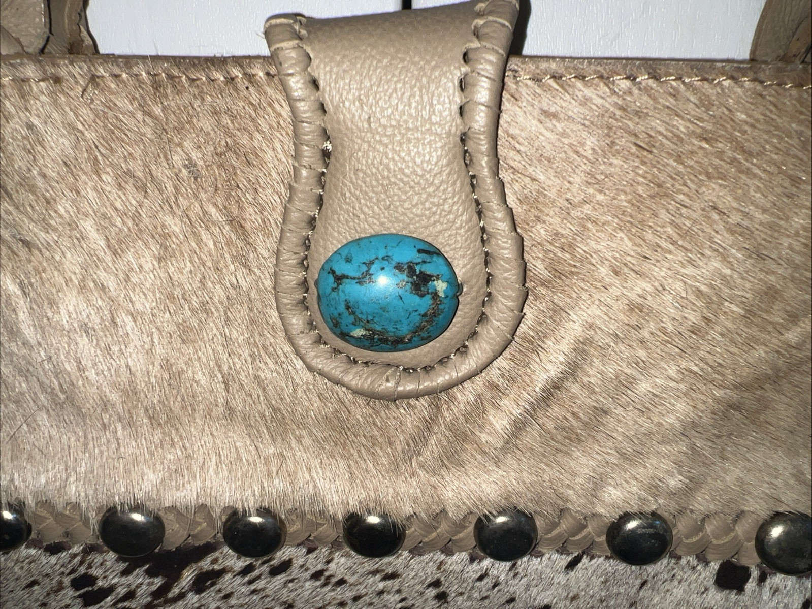 Paige Wallace Designs Acid Washed Cowhide Cafe Tote w/Turquoise Stone NWOT