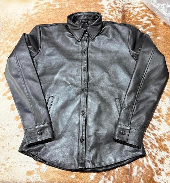 Men’s Black Genuine Lambskin Leather Shirt Casual Fitted Button Down Shirt