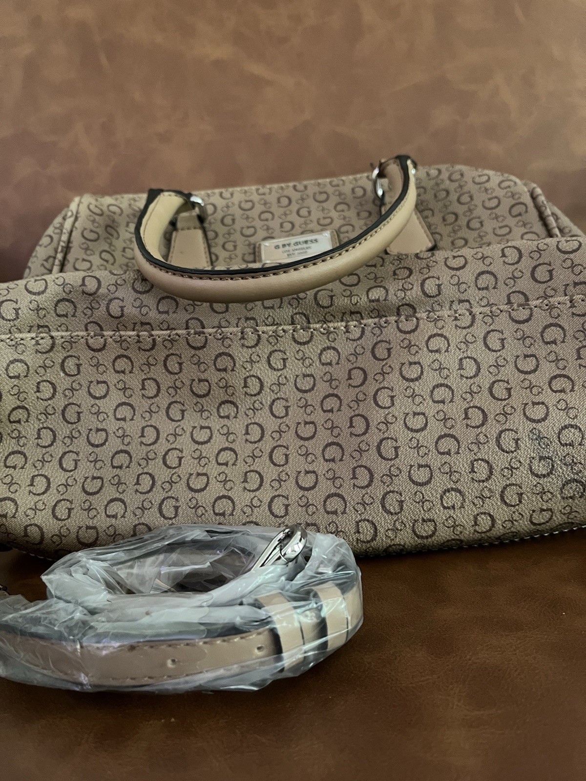 G by GUESS Beige/Brown Logo Satchel Top Handle Bag, Zip, Detachable Strap