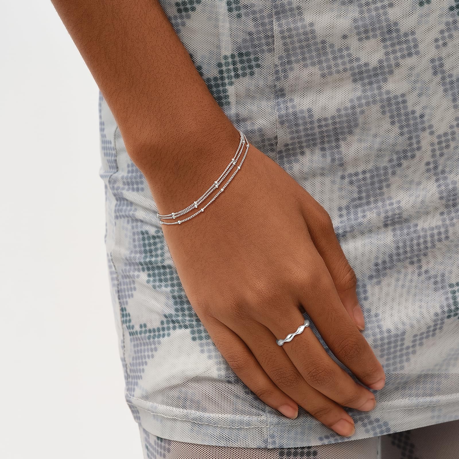 MEVECCO Bracelet for Women Sliver Layered Satellite 6 inches, 3 SL