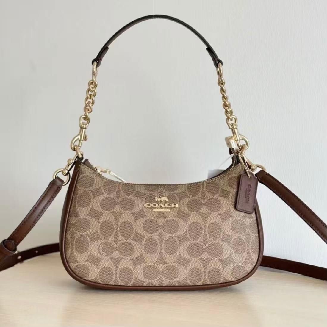 NWT Coach Teri Shoulder Bag Canvas Leather Brown CV933 Fast Shipping